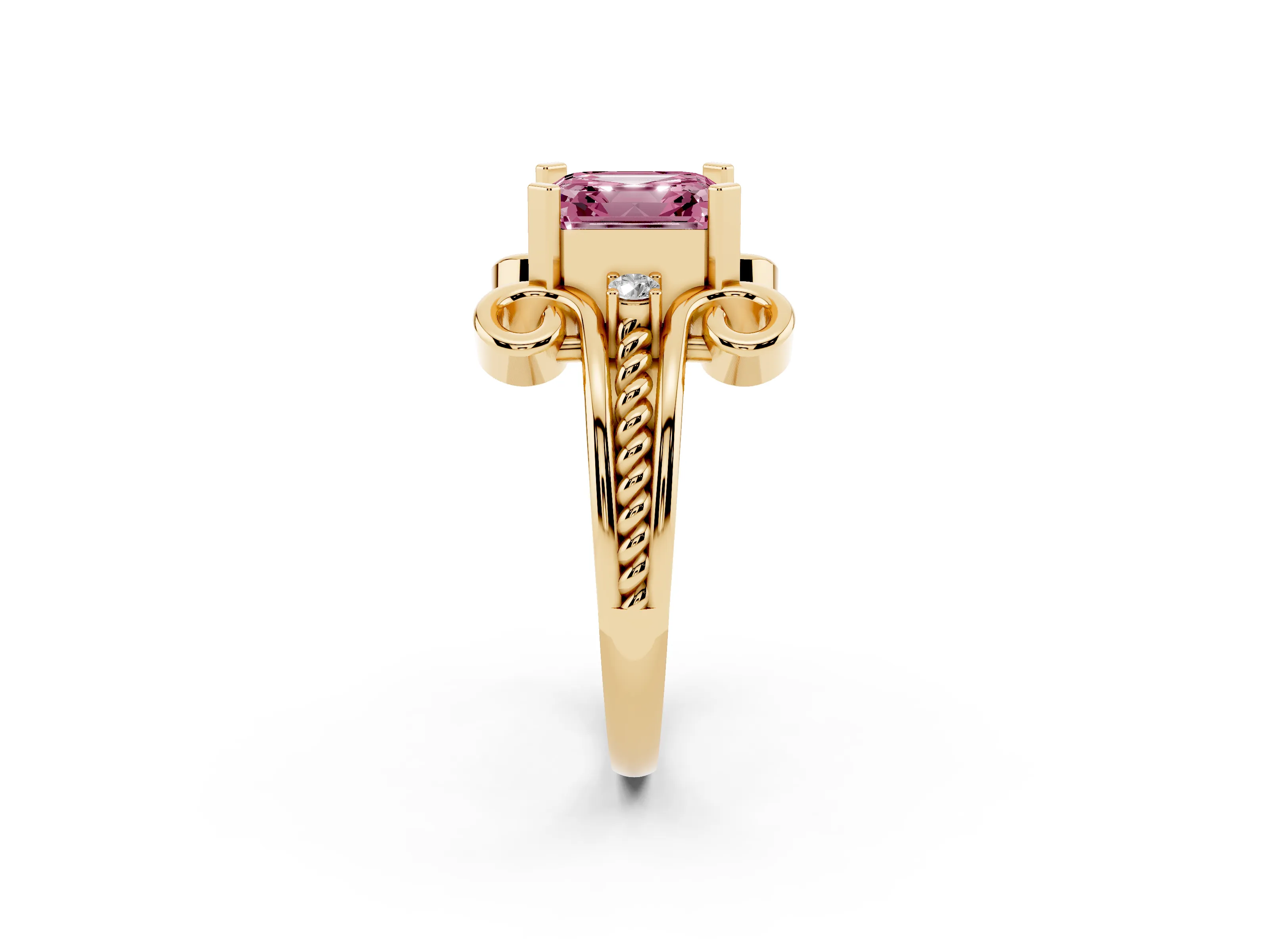 Fancy Pink Asscher Cut Diamond Twisted Band Solitaire Ring Set in Yellow gold with Scroll Prongs