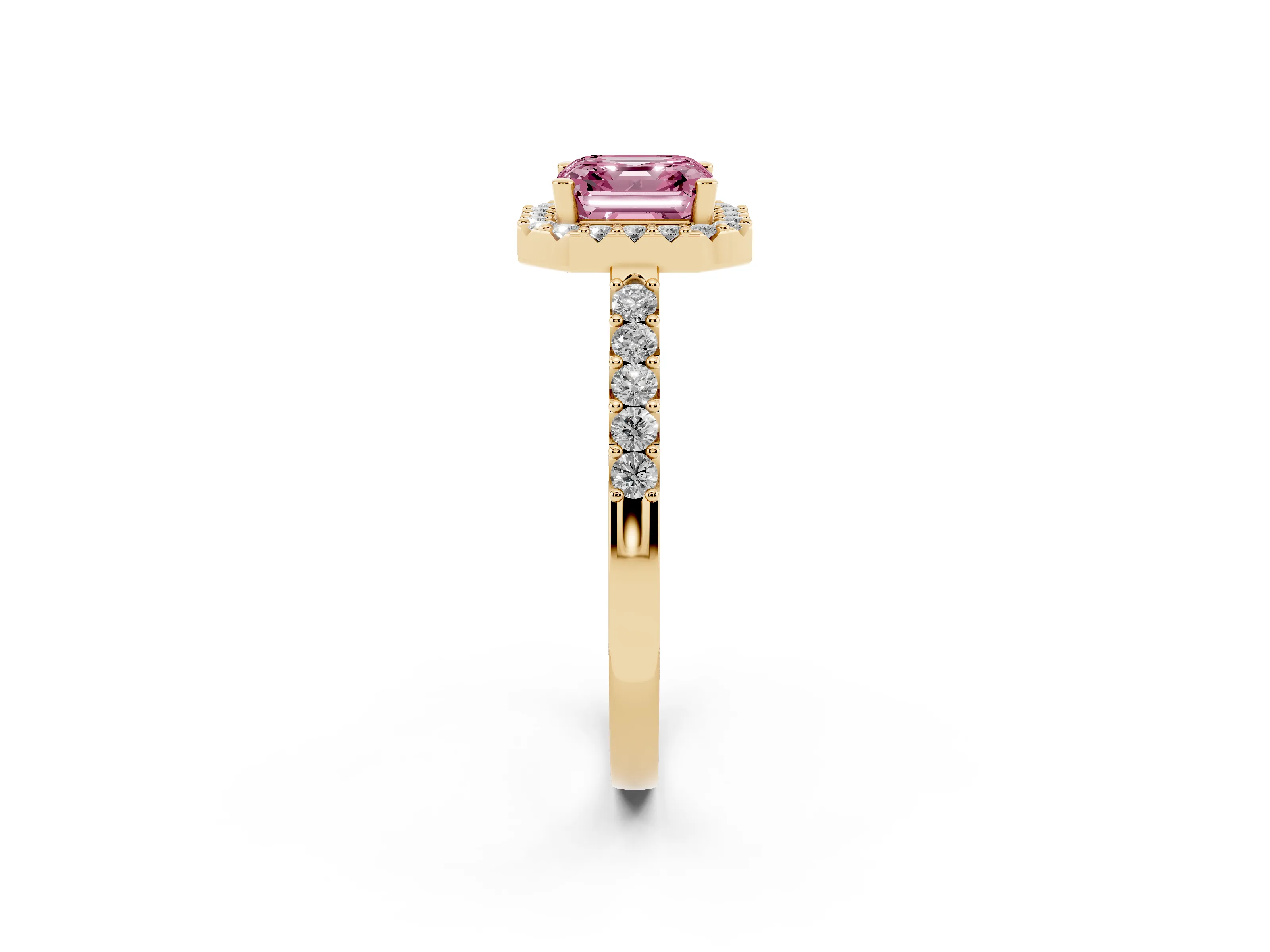 Fancy Pink Asscher Cut Diamond Halo Pavé Solitaire Ring Set in Yellow gold with Prong-Set Center Stone