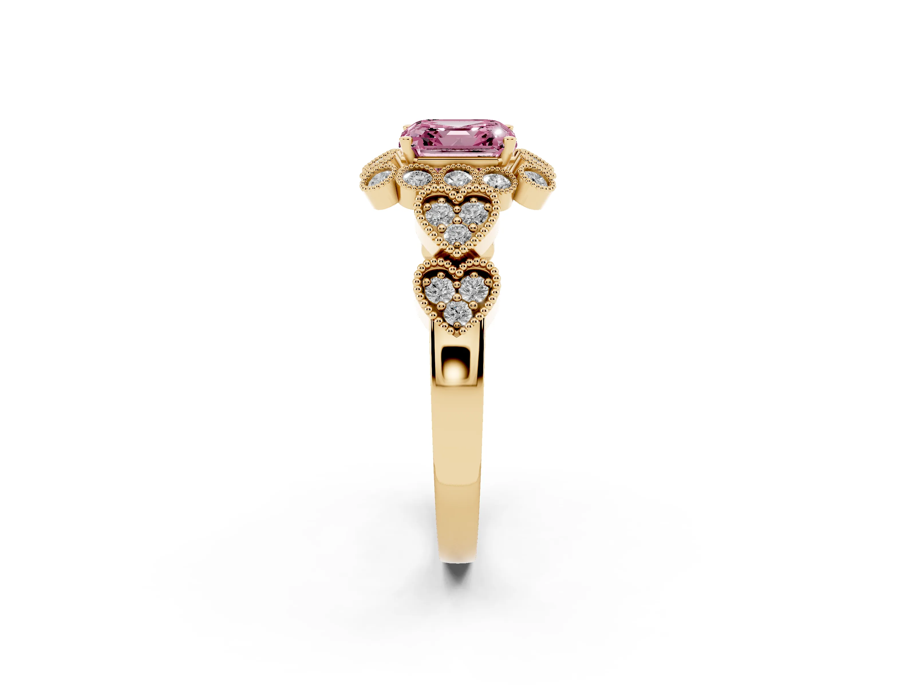 Fancy Pink Asscher Cut Diamond Solitaire Ring Set in Yellow gold with Milgrain Pavé Heart Band