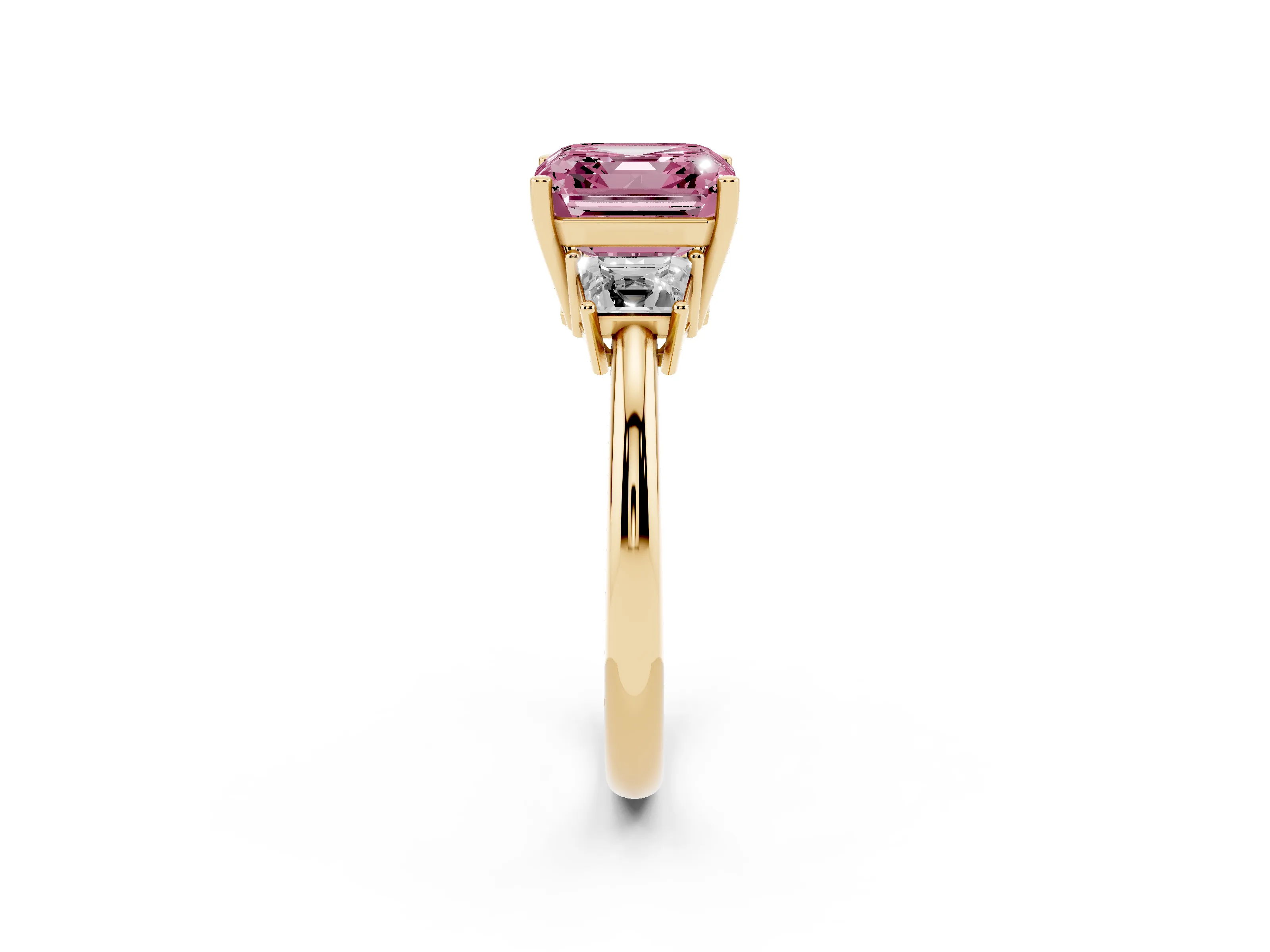 Fancy Pink Asscher Cut Diamond Three-Stone Ring Set in Yellow gold with Trapezoid Side Stones and Prong Setting