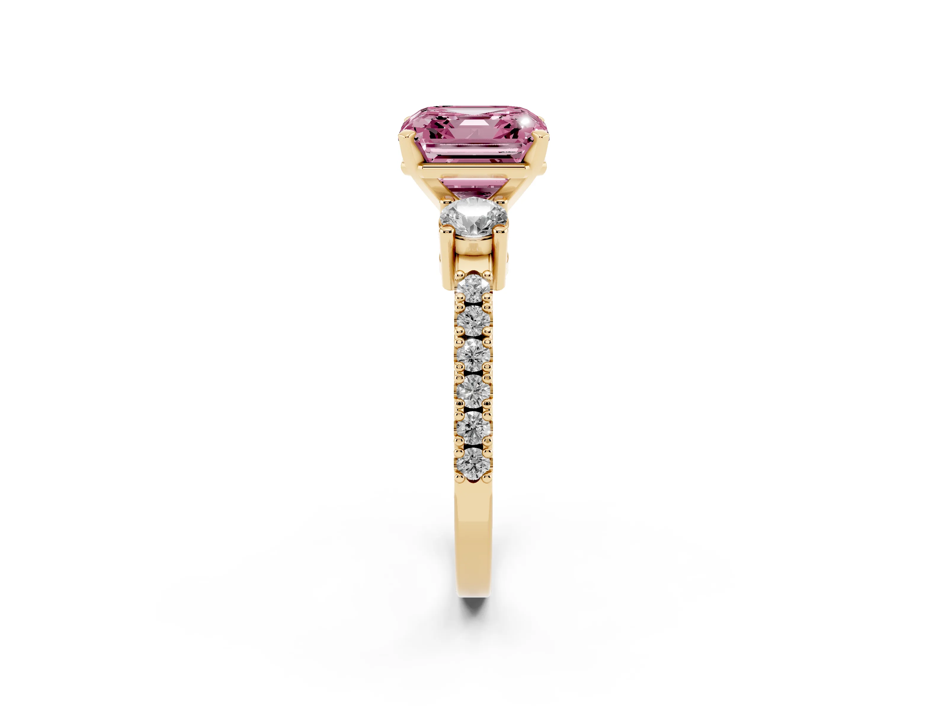 Fancy Pink Three-Stone Asscher Cut Diamond Pavé Band Ring Set in Yellow gold with Prong Setting