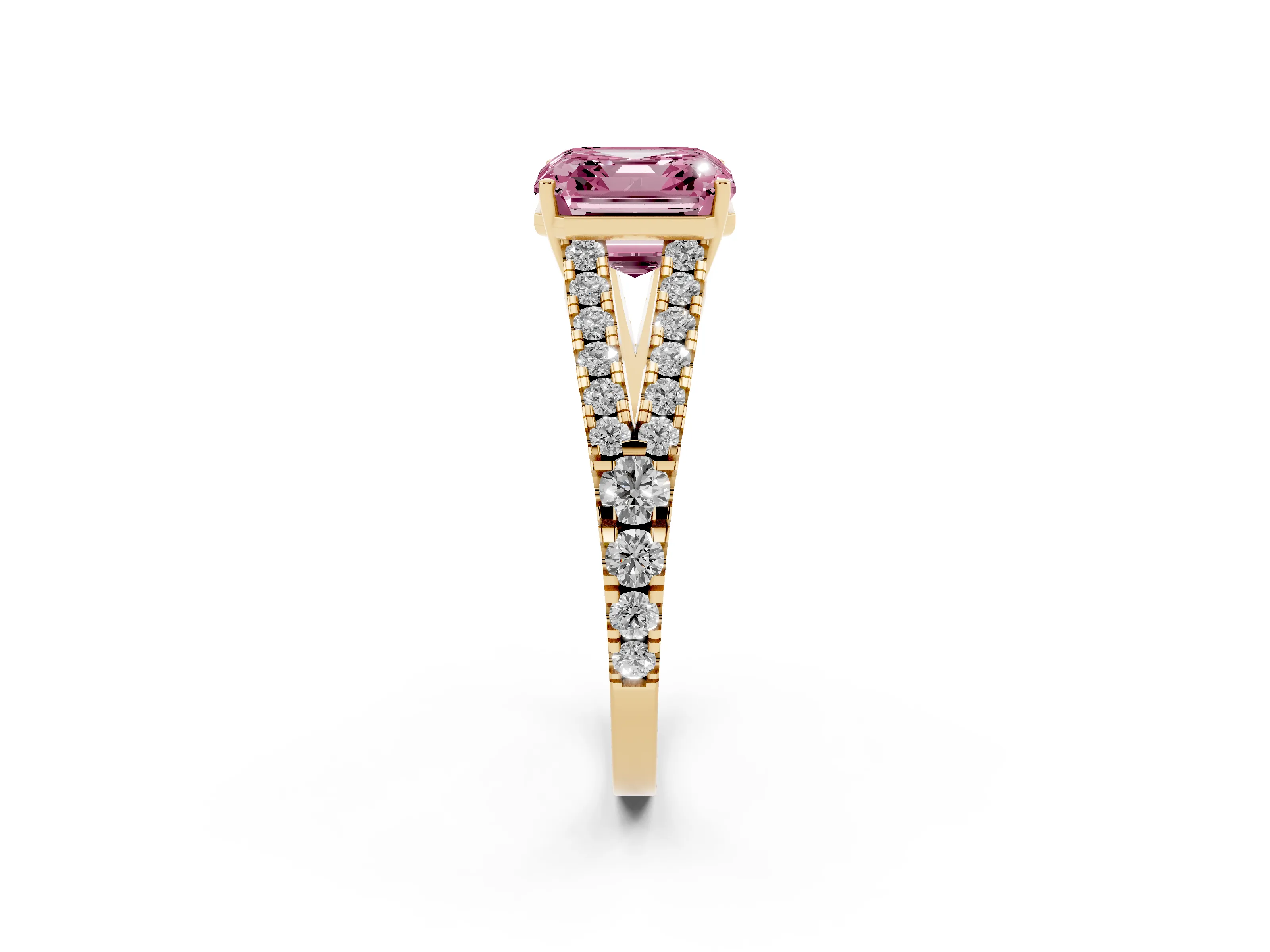 Fancy Pink Asscher Cut Diamond Split Shank Pavé Engagement Ring Set in Yellow gold with Prong-Held Center Stone