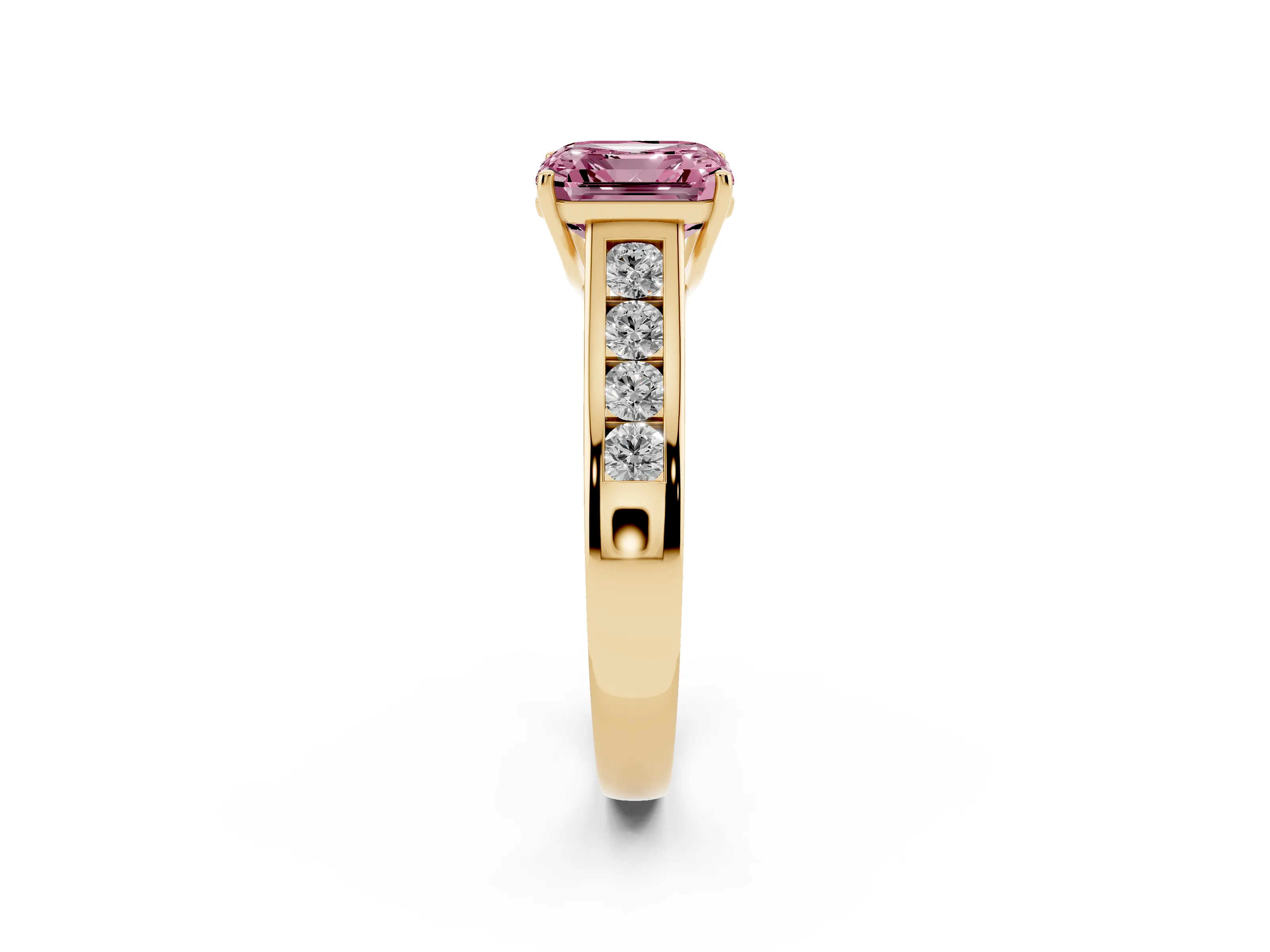 Fancy Pink Asscher Cut Diamond Brilliant Channel-Set Solitaire Ring Set in Yellow gold with Prong Setting
