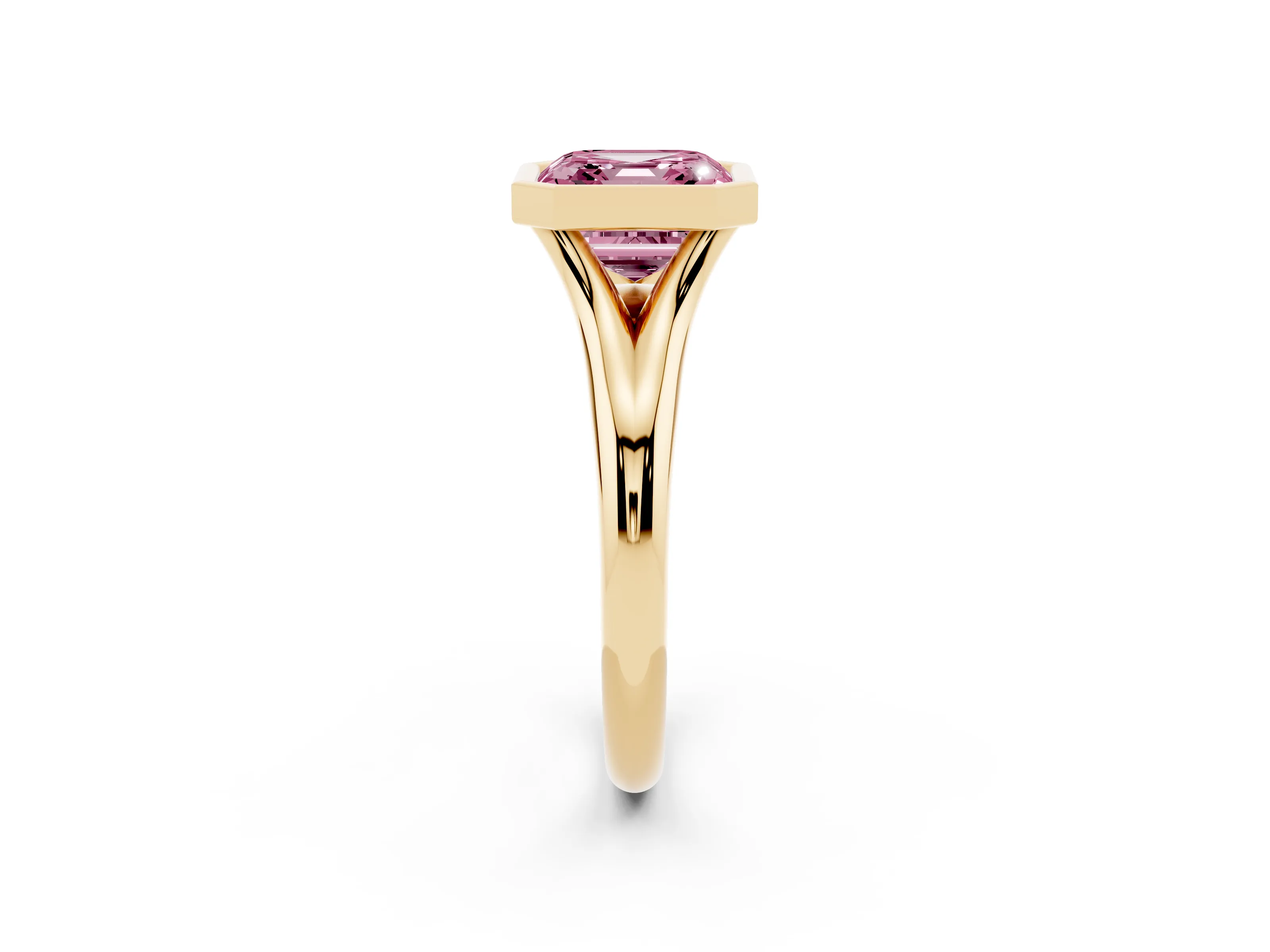 Fancy Pink Bezel Set Asscher Cut Diamond Solitaire Ring Set in Yellow gold with Smooth Band