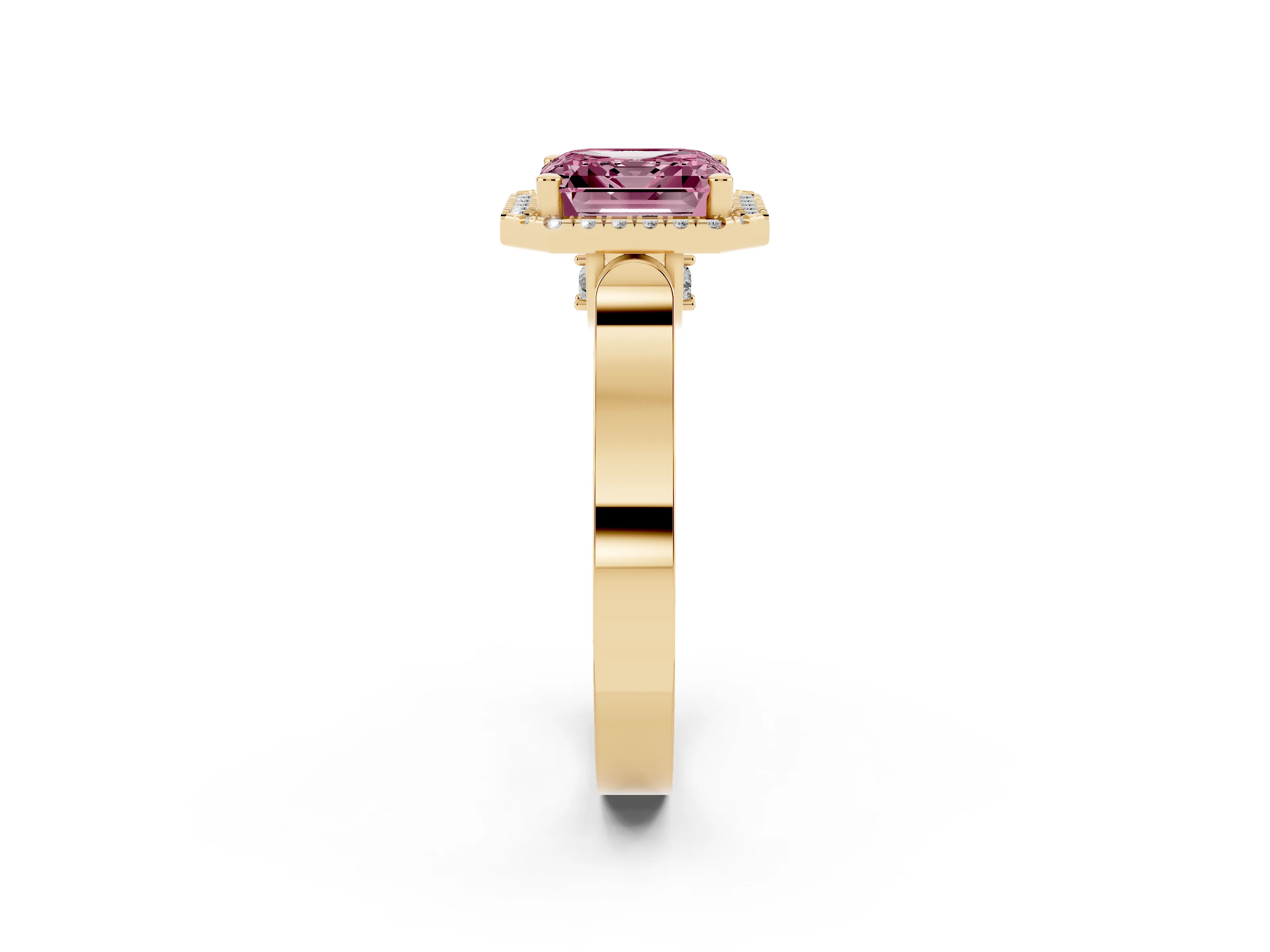 Fancy Pink Asscher Cut Diamond Halo Ring Set in Yellow gold with Pavé-Lined Split Shank Band