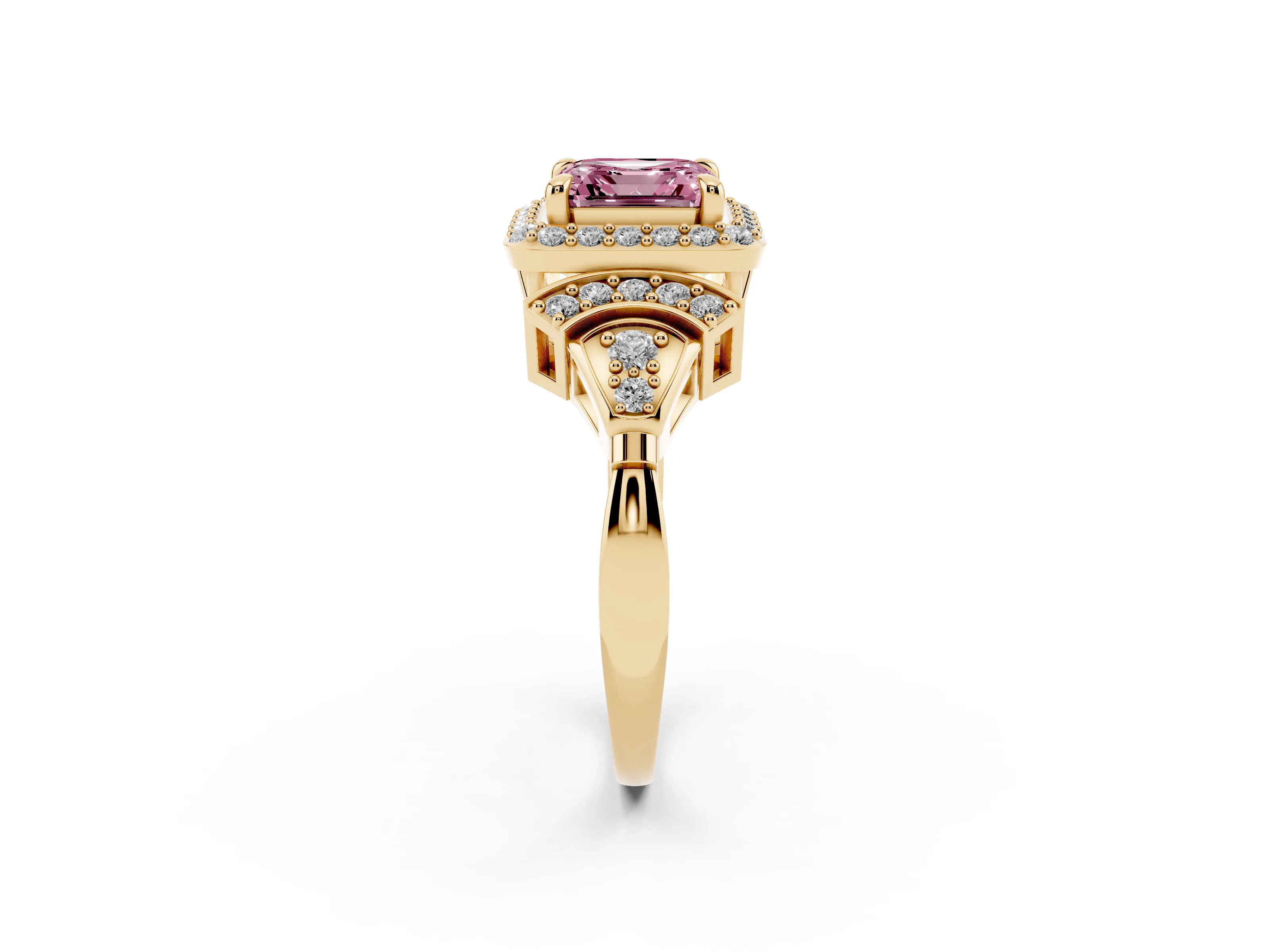 Fancy Pink Asscher Cut Diamond Halo Engagement Ring Set in Yellow gold with Accent Stone Split Shank