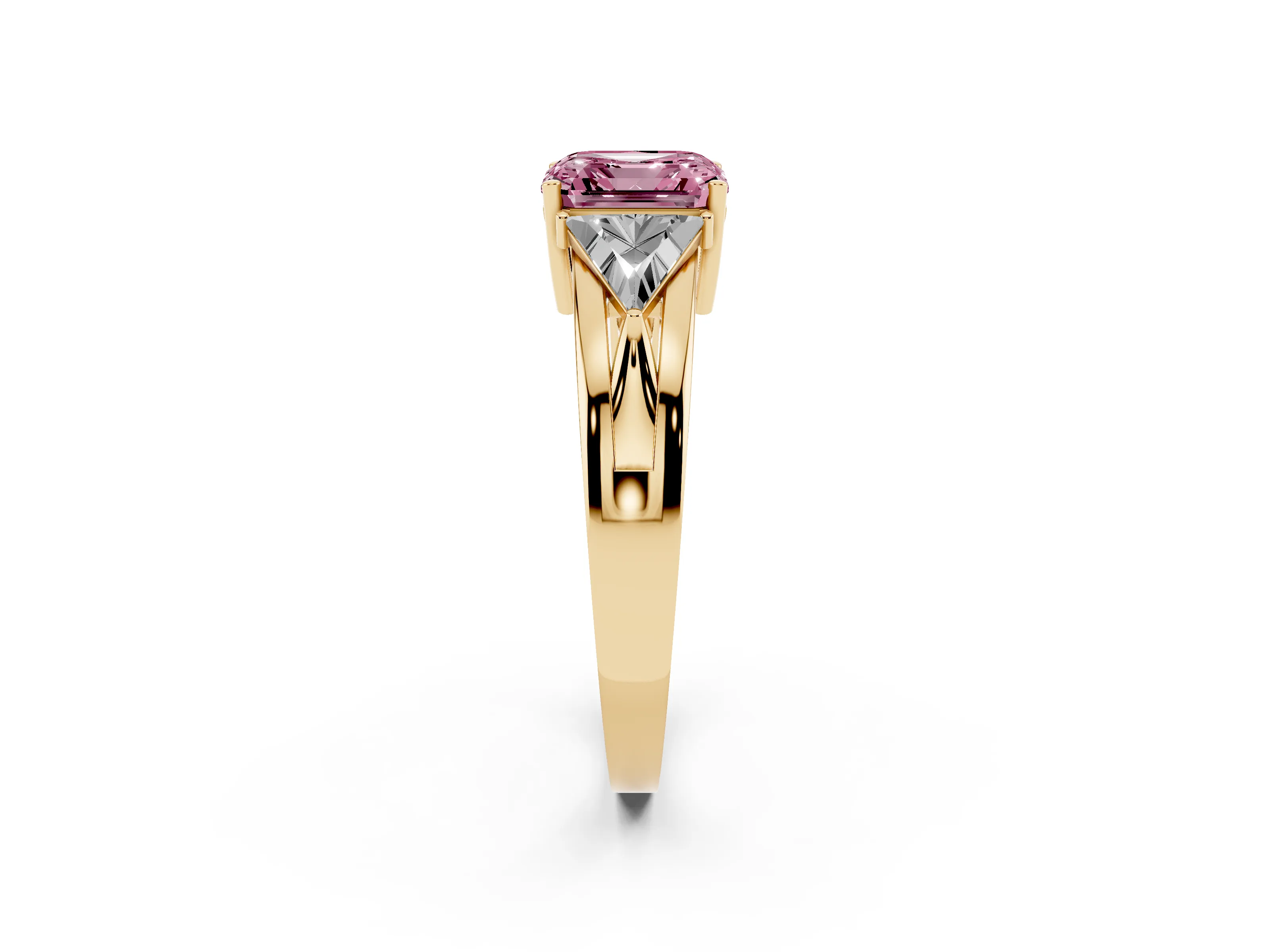 Fancy Pink Asscher Cut Diamond Three-Stone Ring Set in Yellow gold with Trillion Side Stones and Split Shank