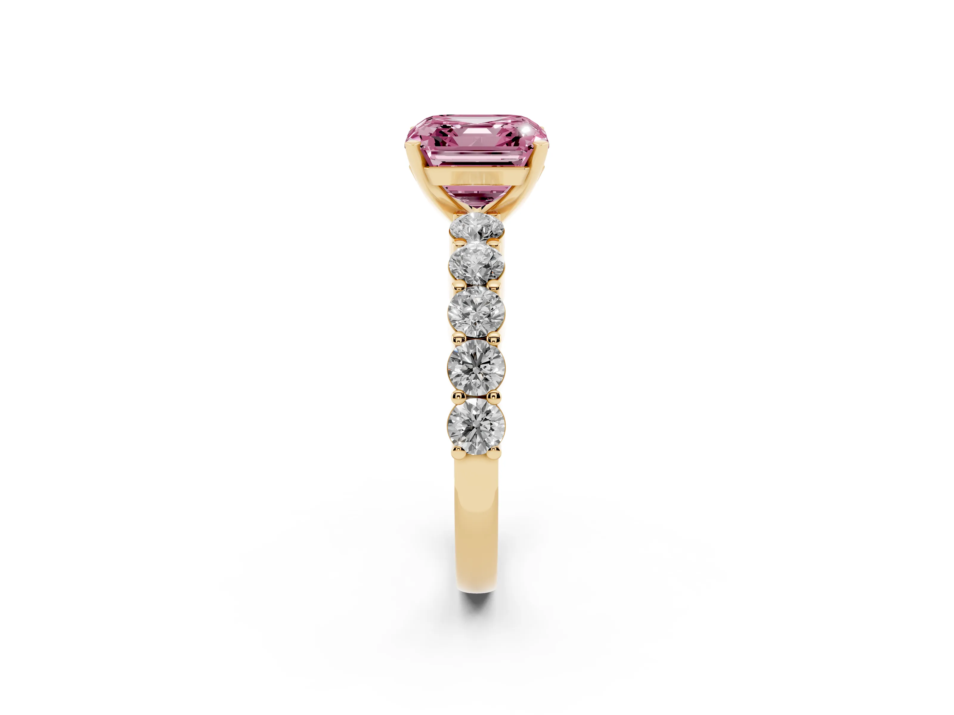 Fancy Pink Asscher Cut Diamond Solitaire Ring Set in Yellow gold with Shared Prong Round Side Stones