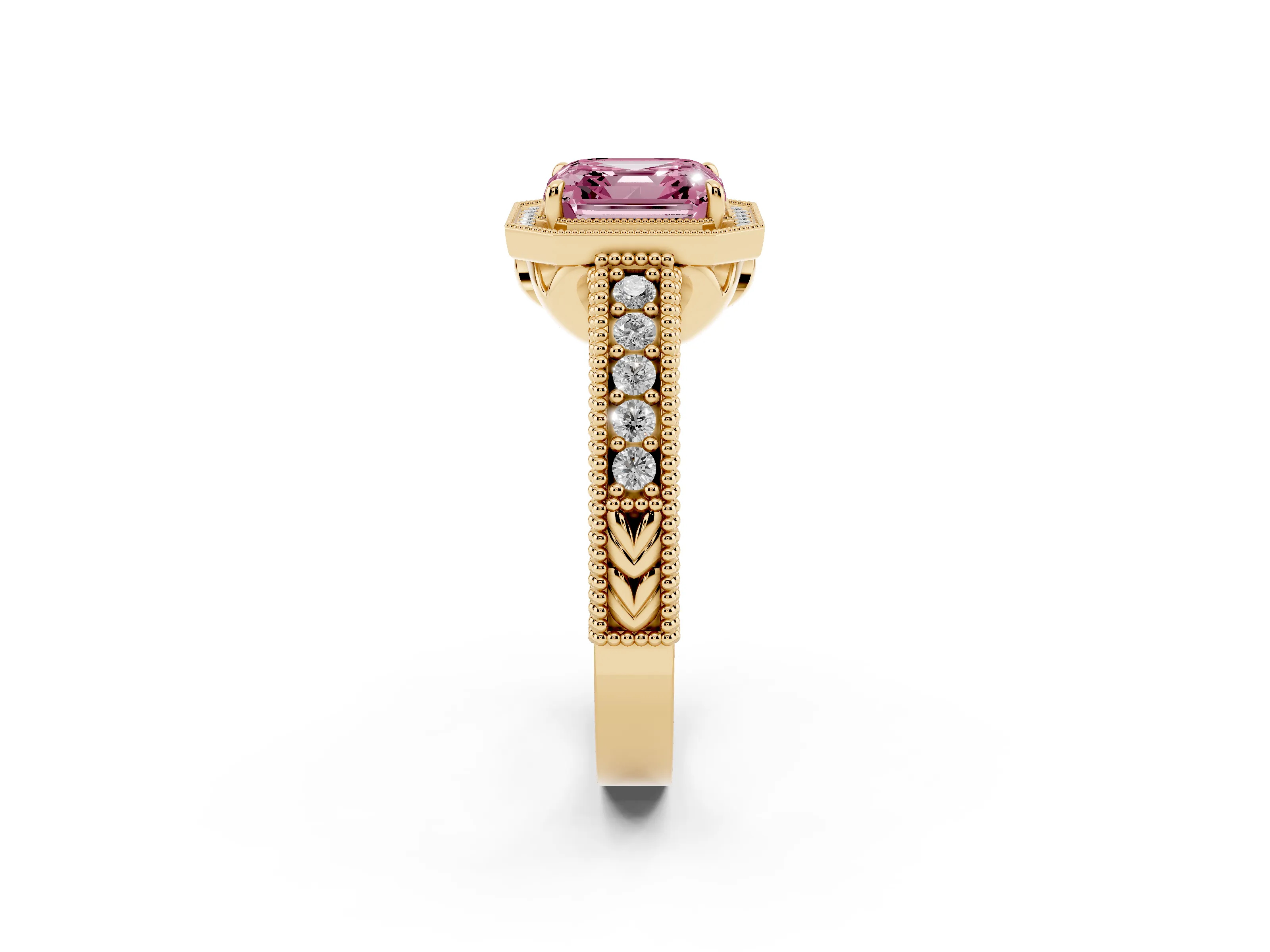 Fancy Pink Asscher Cut Diamond Halo Ring Set in Yellow gold with Round Accent Halo, Pavé Band and Prong Setting