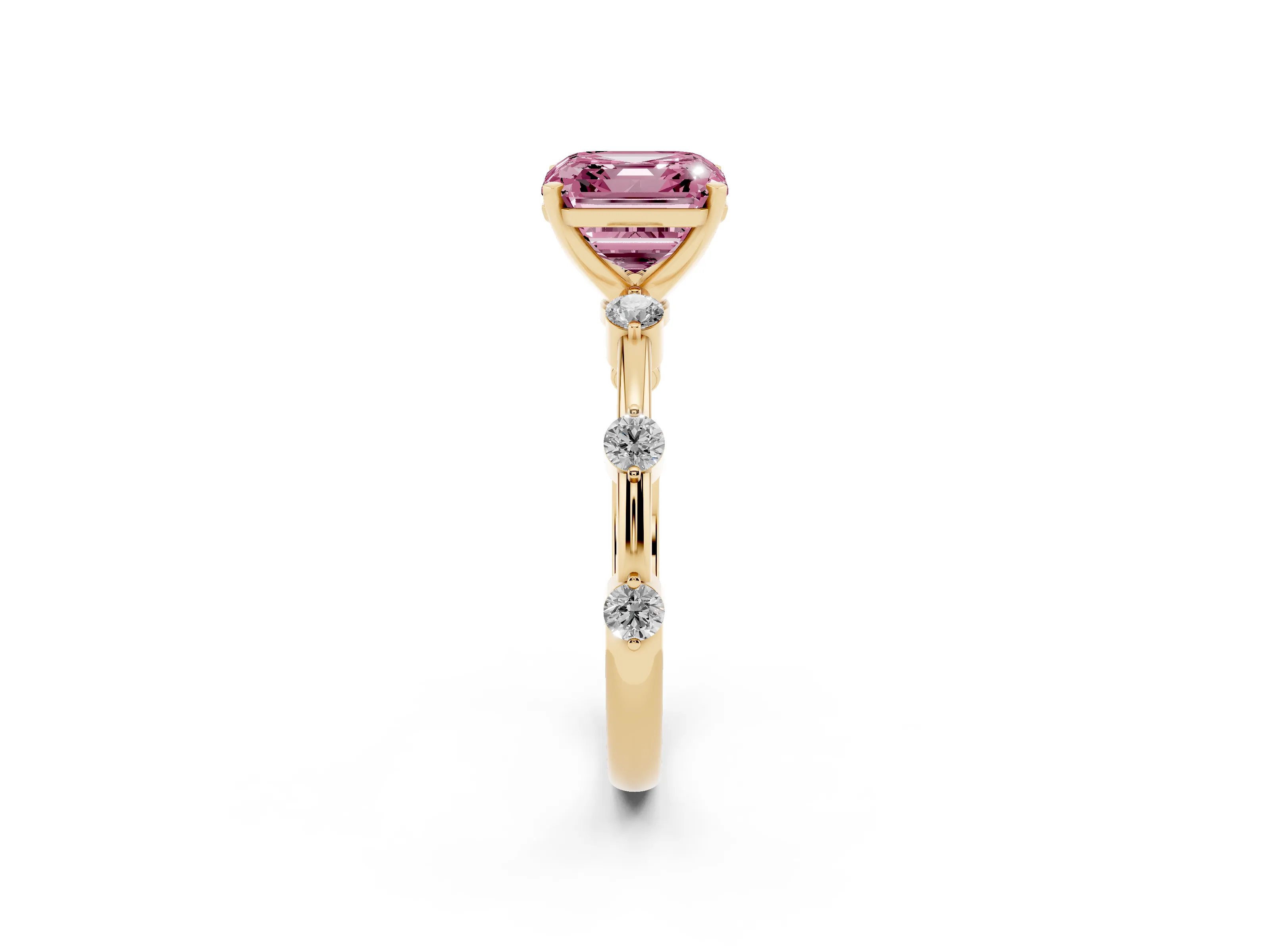 Fancy Pink Asscher Cut Diamond Solitaire Ring Set in Yellow gold with Bezel Set Side Stones and Prong Setting
