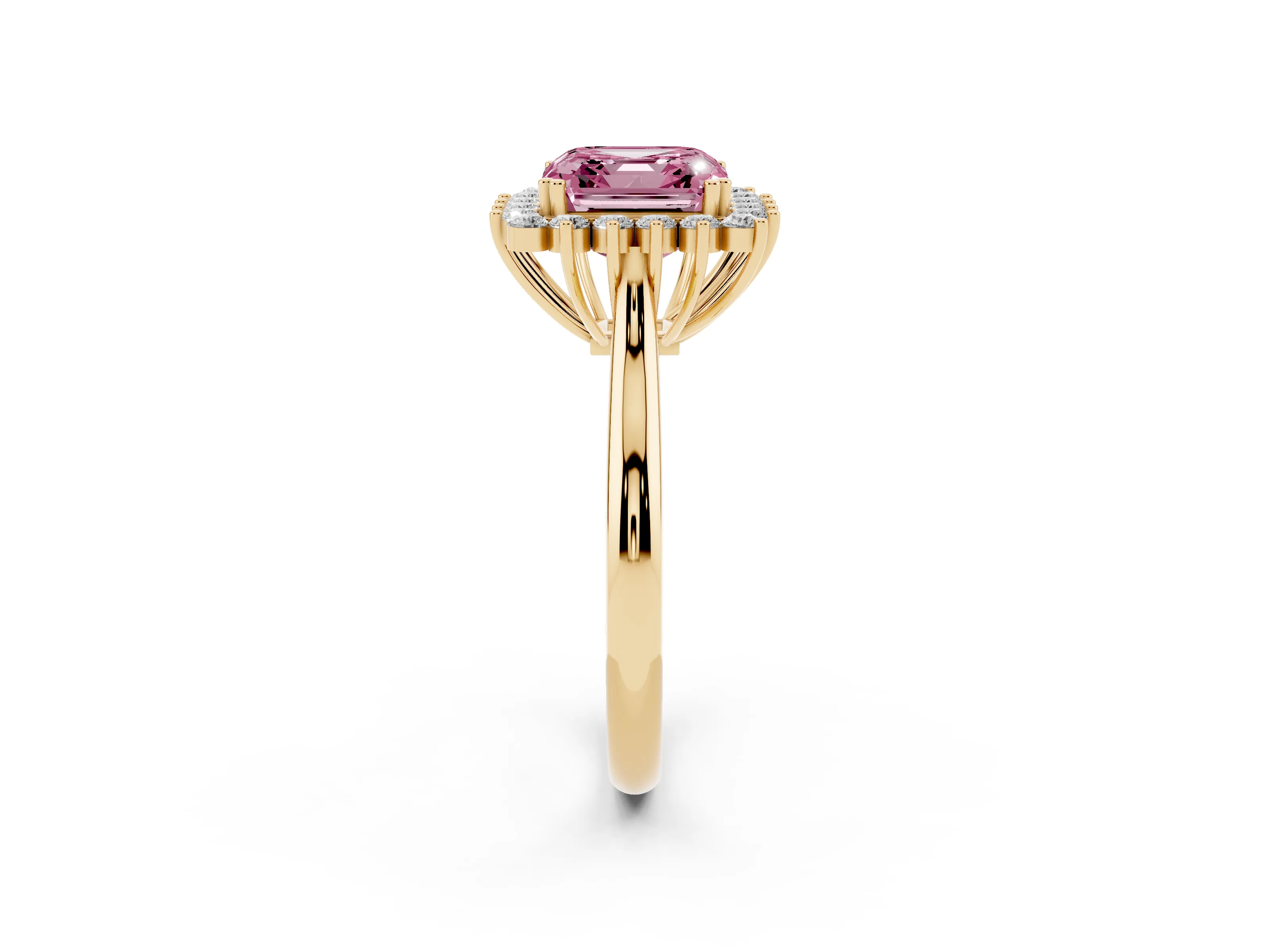 Fancy Pink Asscher Cut Diamond Halo Ring Set in Yellow gold with Plain Solitaire Band and Prong Setting