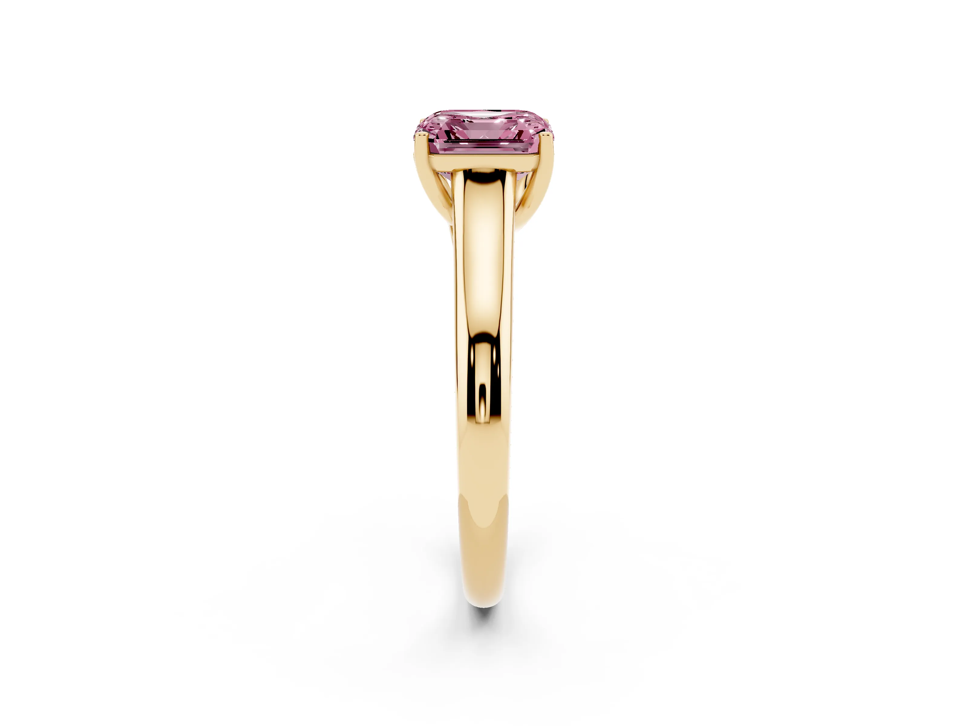 Fancy Pink Asscher Cut Diamond Solitaire Engagement Ring Set in Yellow gold with Subtly Tapered Band and Prong Setting