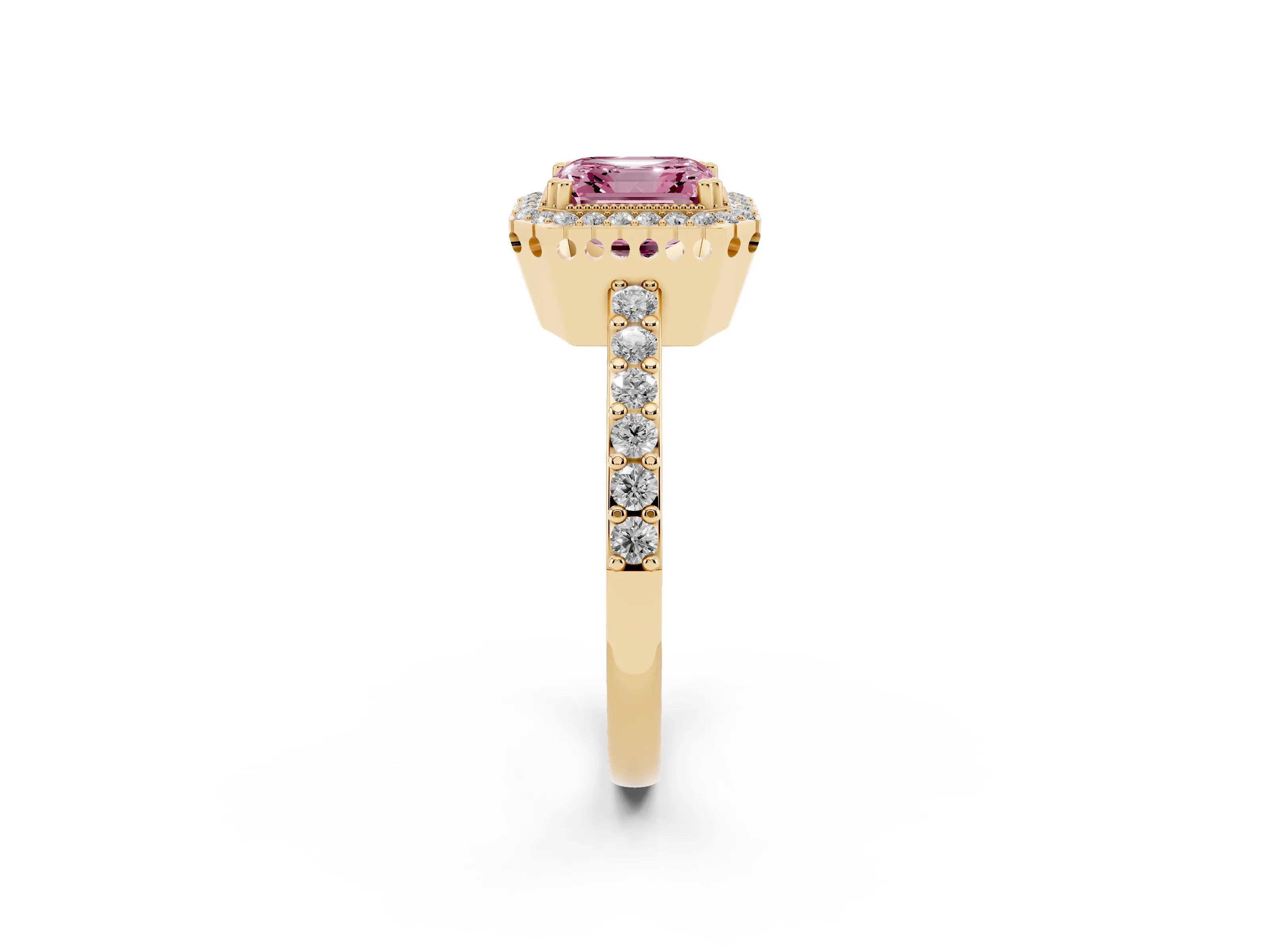Fancy Pink Asscher Cut Diamond Halo Engagement Ring Set in Yellow gold with Milgrain Detail and Pavé Band
