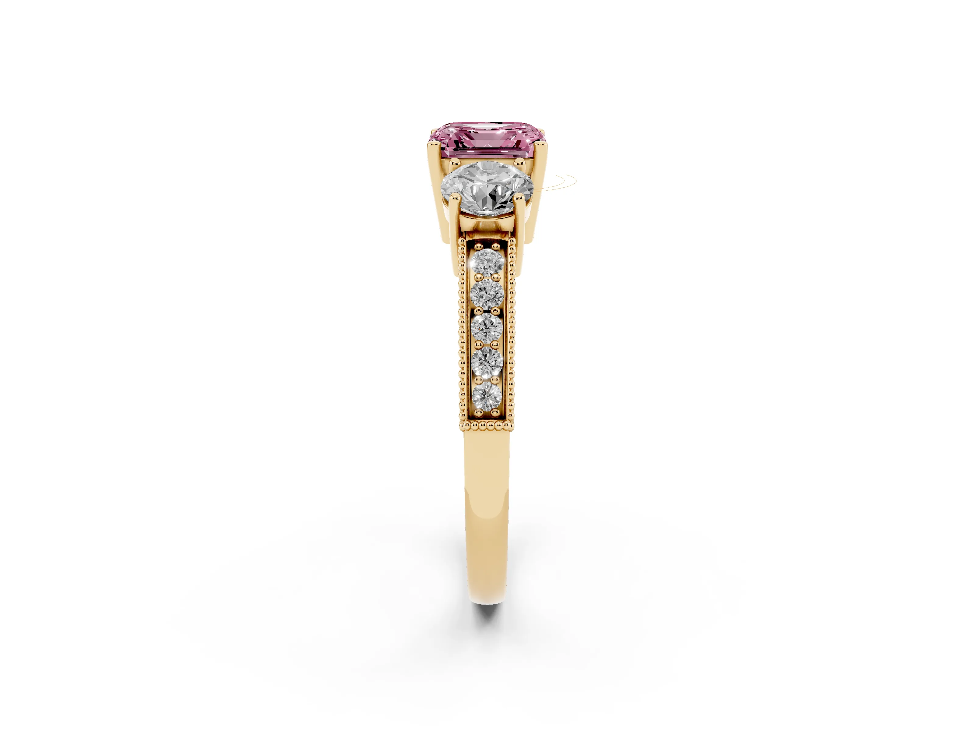 Fancy Pink Asscher Cut Diamond Three-Stone Ring Set in Yellow gold with Round Side Stones and Pavé Band