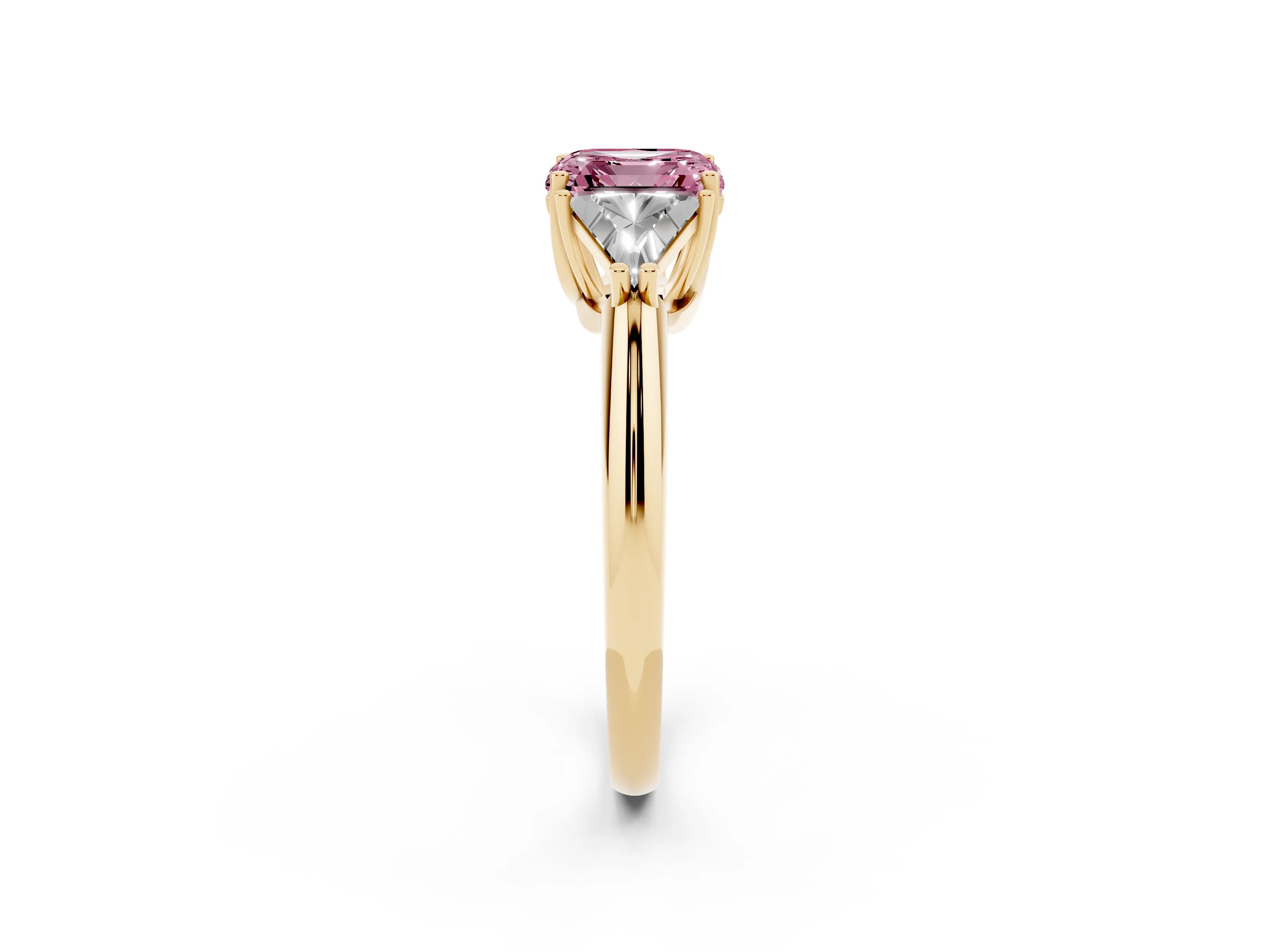 Fancy Pink Asscher Cut Diamond Three-Stone Engagement Ring Set in Yellow gold with Trillion Side Stones