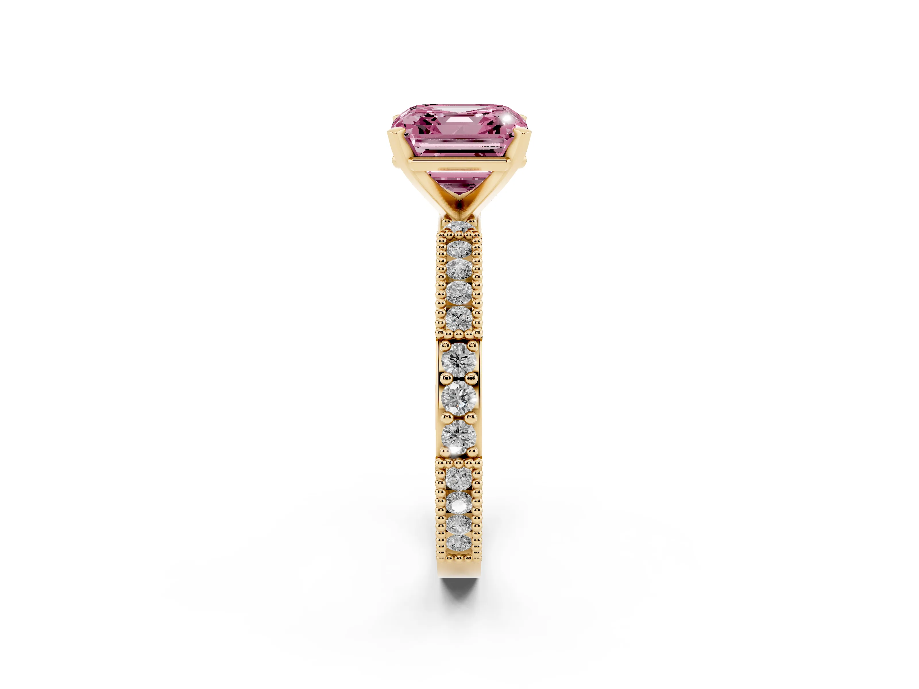 Fancy Pink Asscher Cut Diamond Solitaire Ring Set in Yellow gold with Slim Pavé Band and Prong Setting