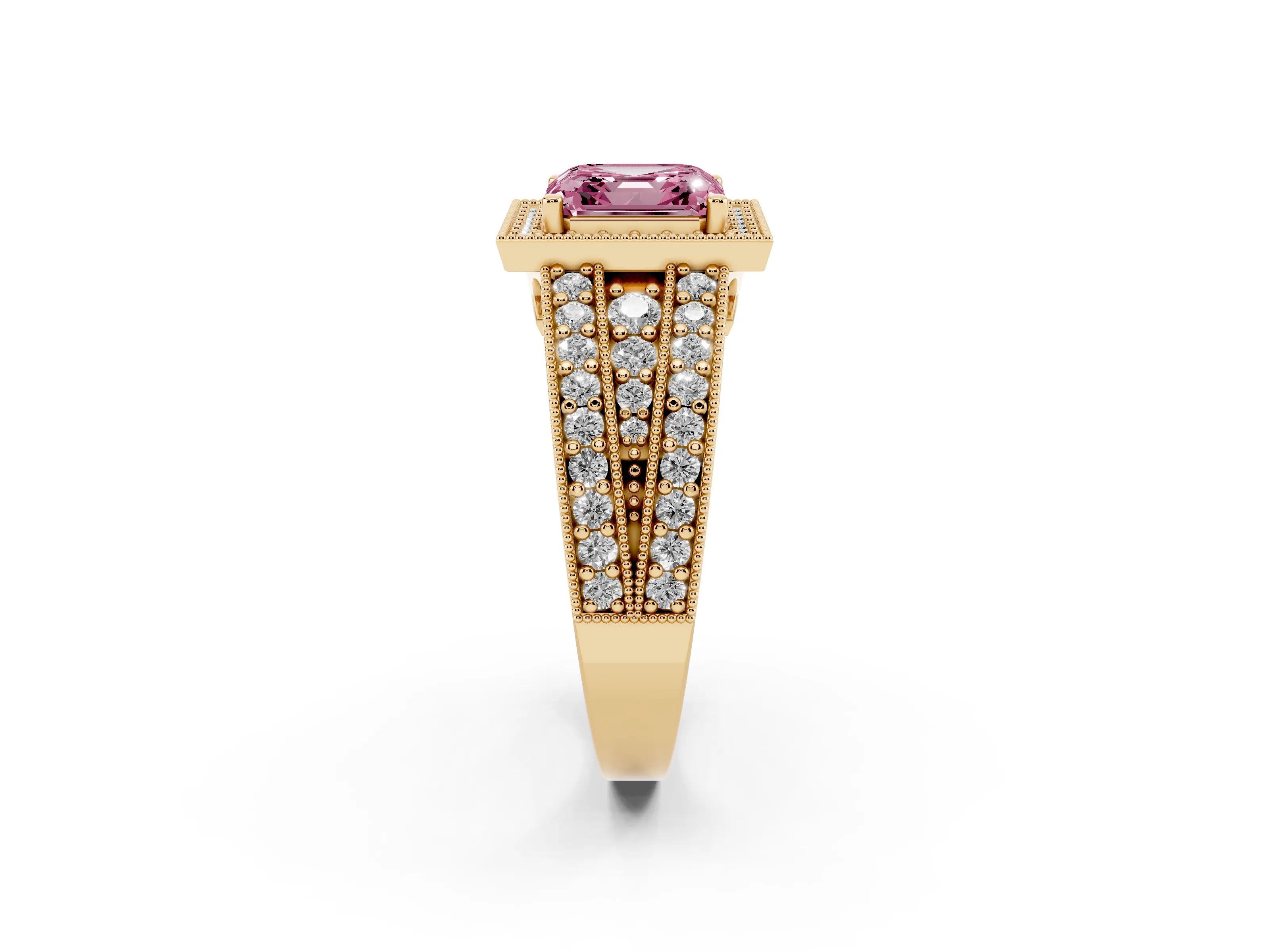 Fancy Pink Asscher Cut Diamond Halo Ring Set in Yellow gold with Accent Split Shank and Prong Setting