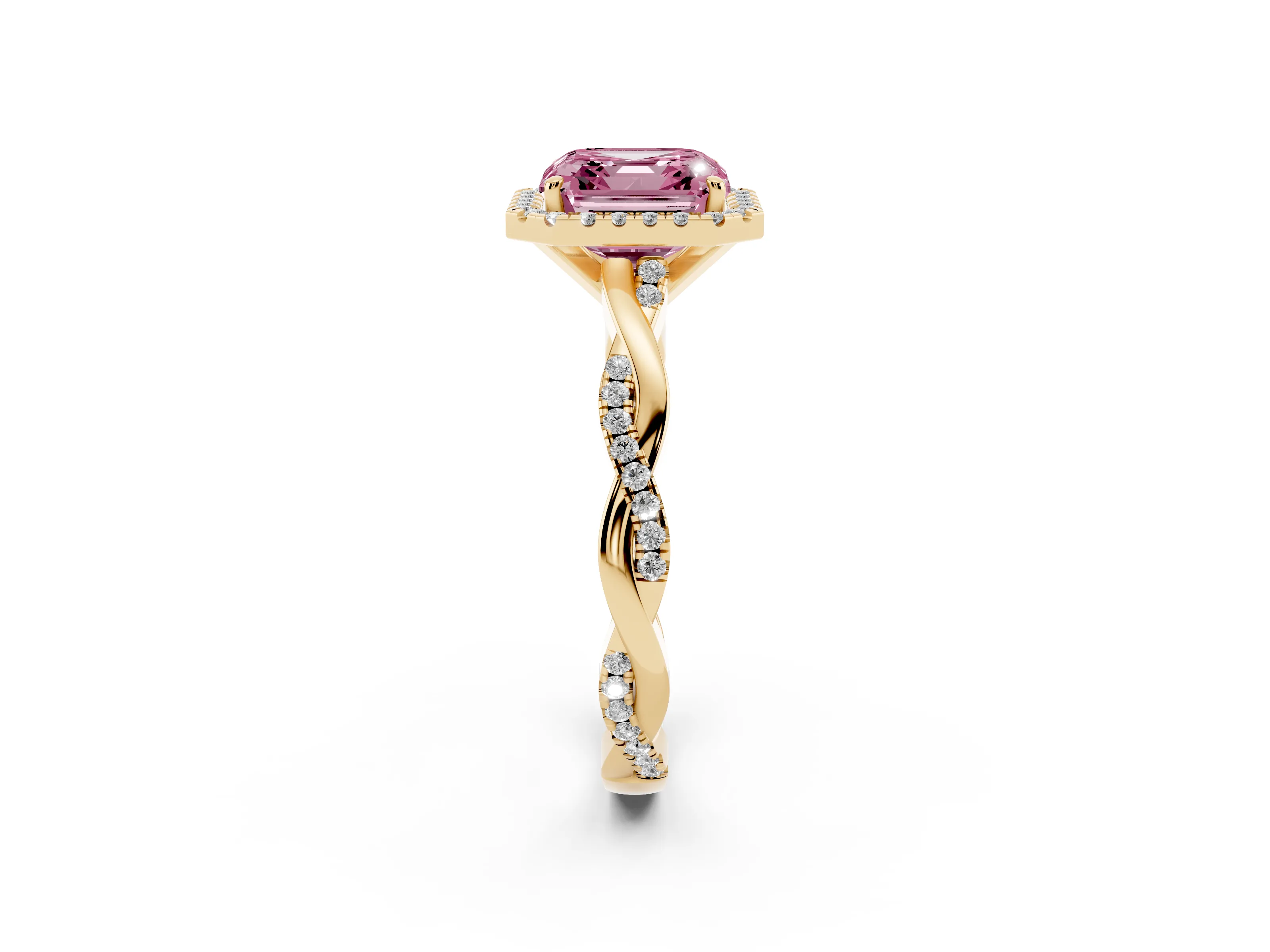 Fancy Pink Asscher Cut Diamond Halo Twisted Band Ring Set in Yellow gold with Prong Setting