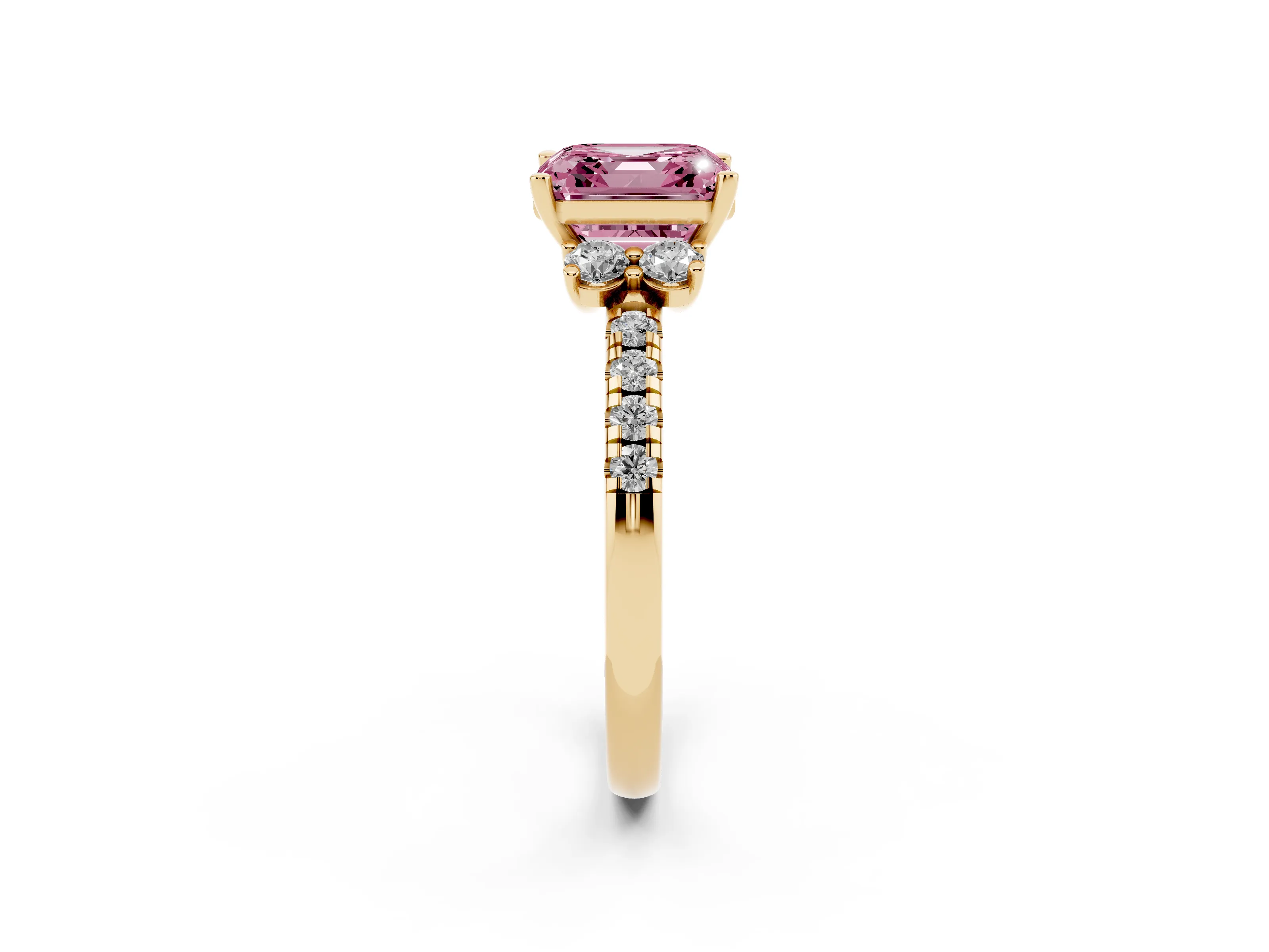 Fancy Pink Asscher Cut Diamond Three-Stone Pavé Ring Set in Yellow gold with Prong Setting