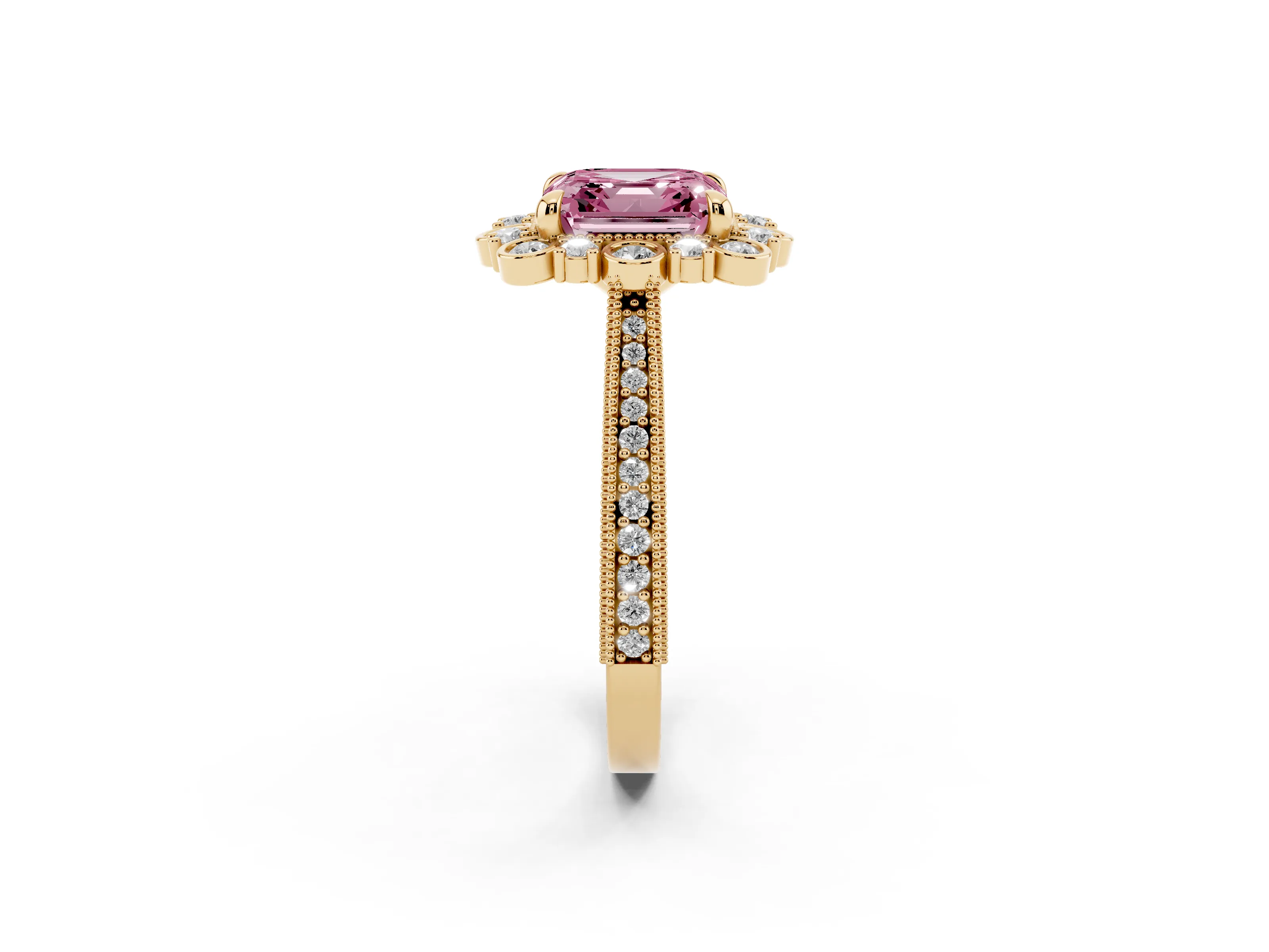 Fancy Pink Asscher Cut Diamond Halo Milgrain Pavé Ring Set in Yellow gold with Prong Setting