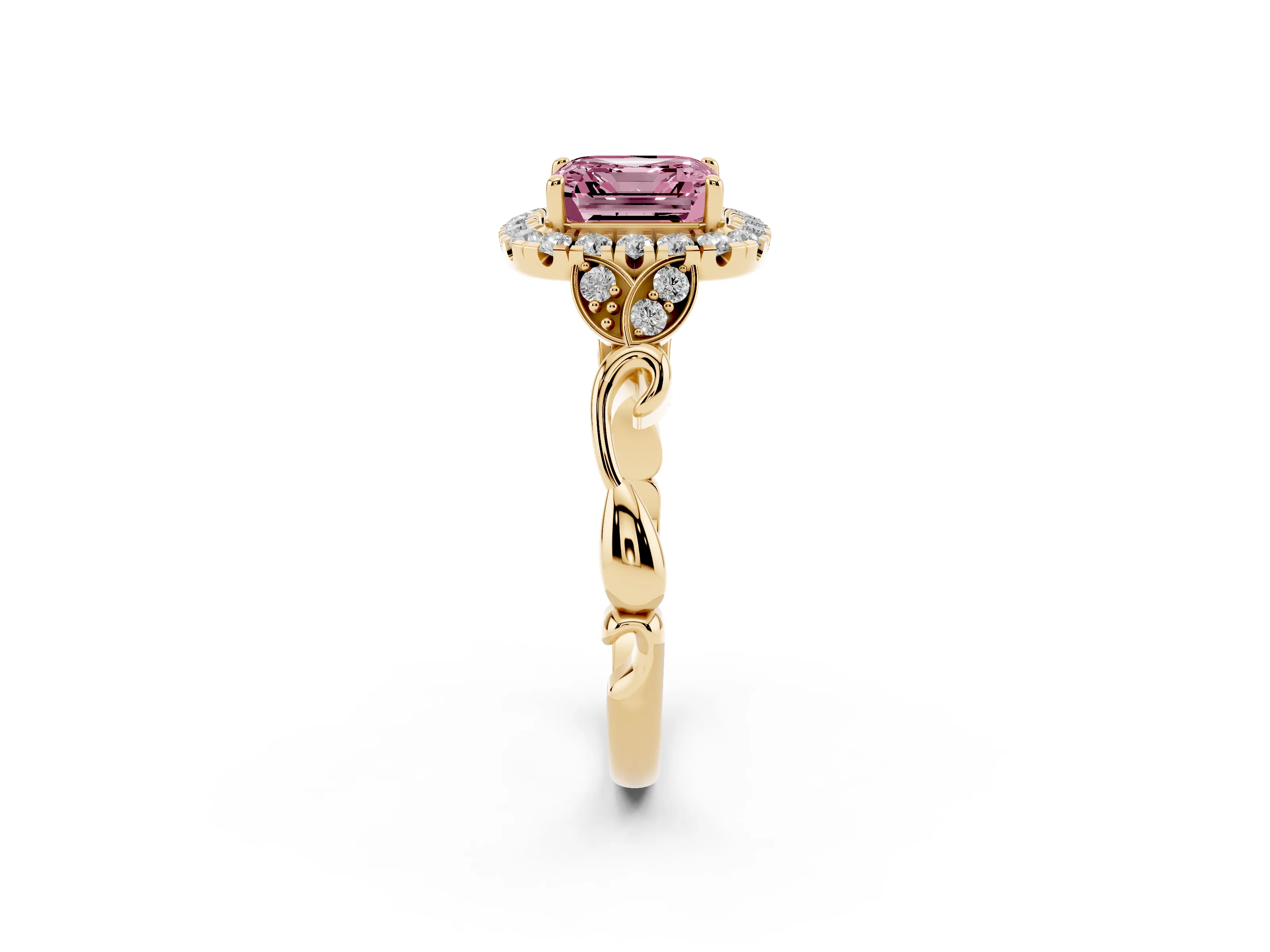 Fancy Pink Asscher Cut Diamond Halo Engagement Ring Set in Yellow gold with Vintage-Inspired Band and Prong Setting
