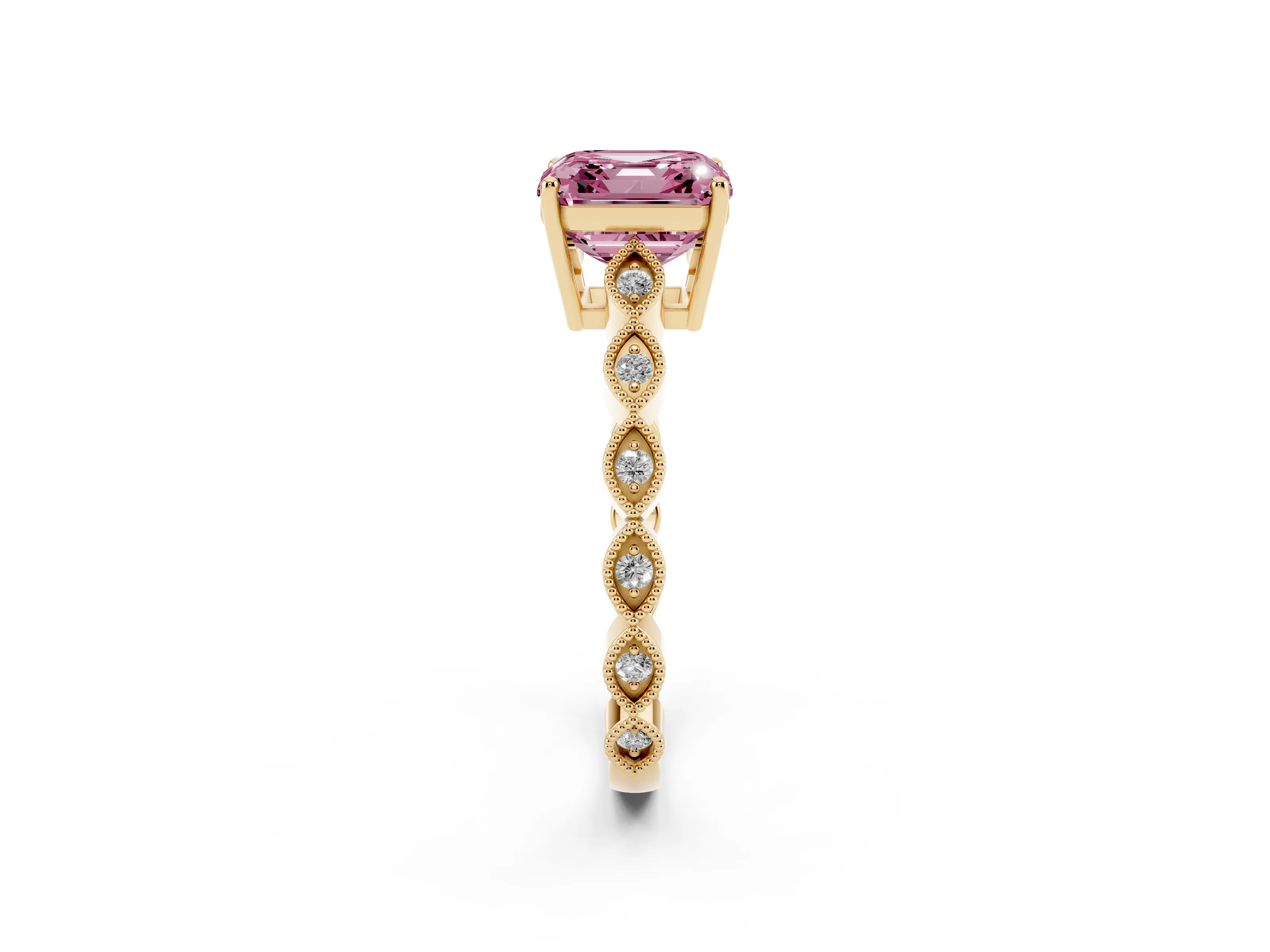 Fancy Pink Asscher Cut Diamond Solitaire Ring Set in Yellow gold with Infinity Twist Pavé Band