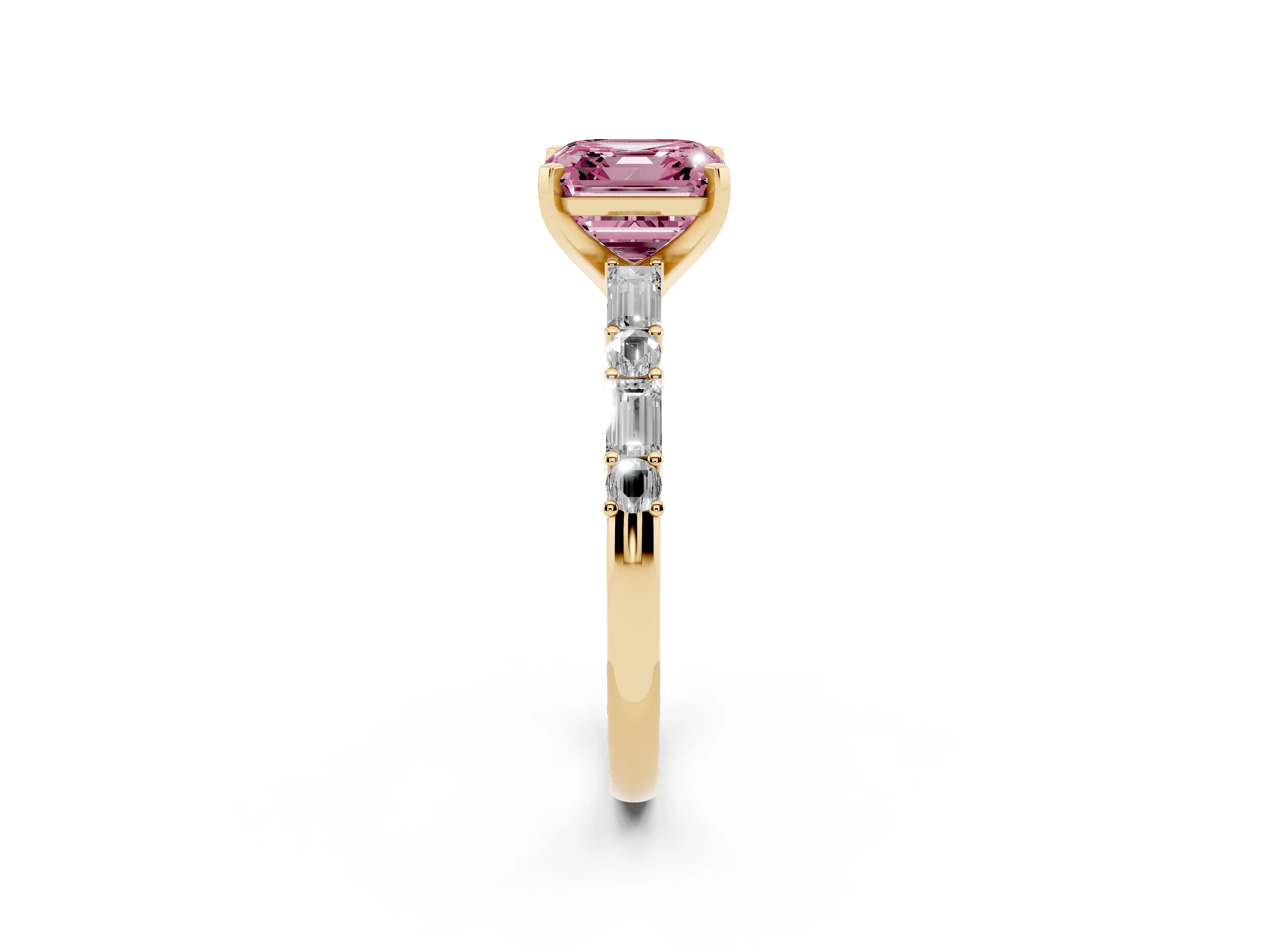 Fancy Pink Asscher Cut Diamond Solitaire Set in Yellow gold with Side Baguettes and Channel Set Band