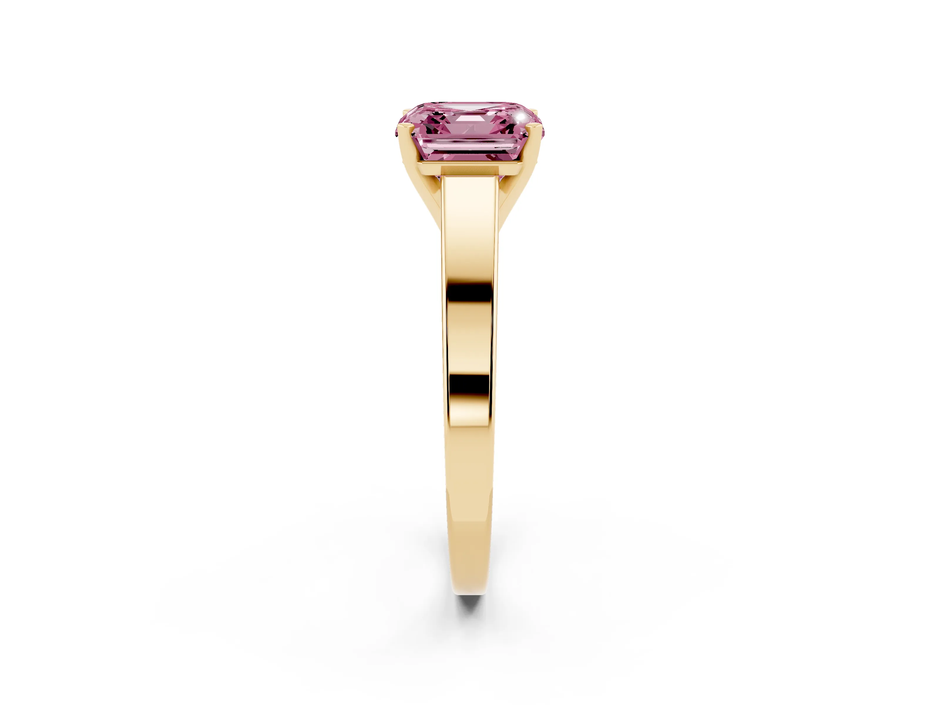 Fancy Pink Asscher Cut Diamond Solitaire Engagement Ring Set in Yellow gold with Prong Setting and Tapered Band
