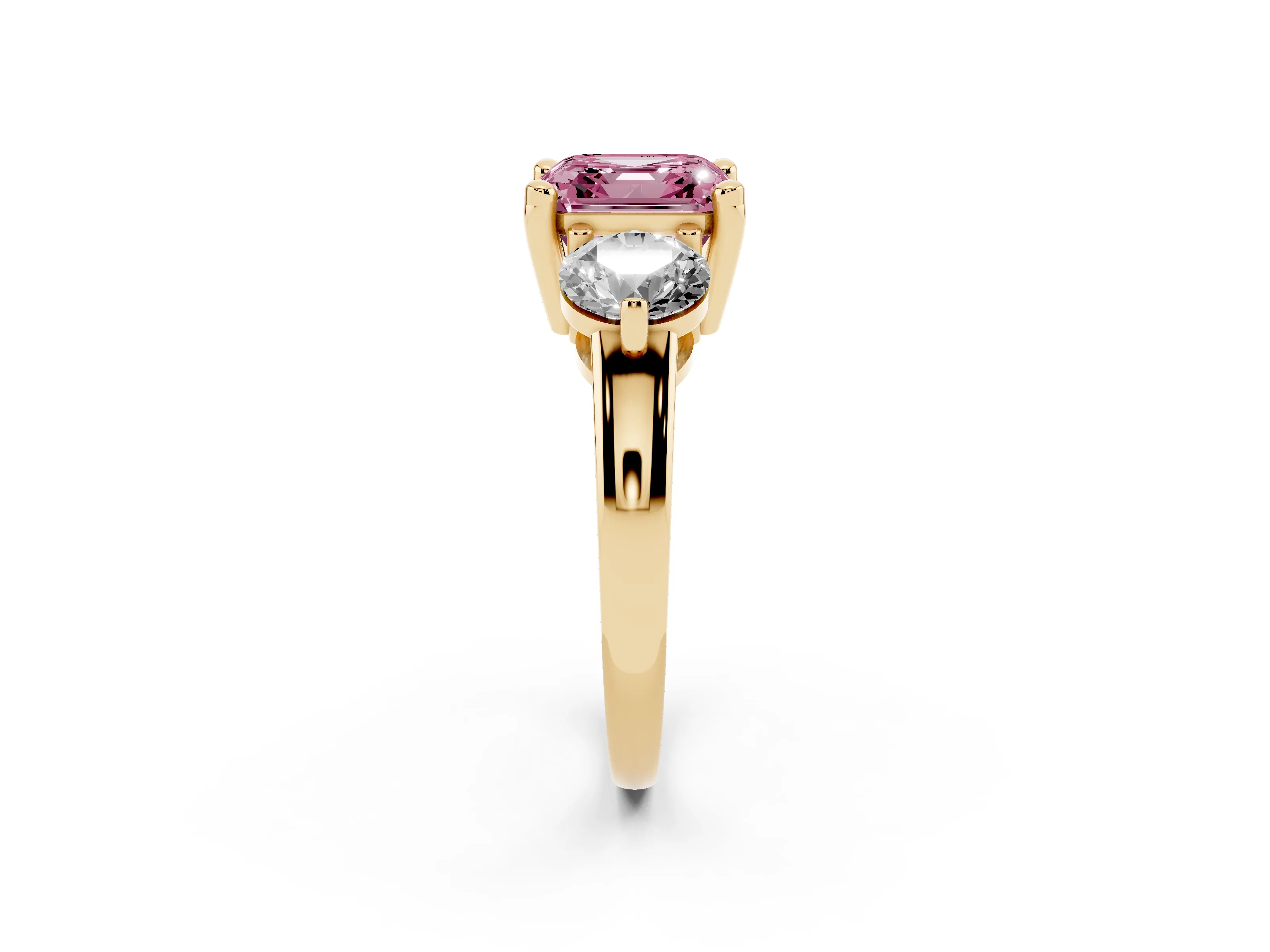 Fancy Pink Asscher Cut Diamond Three-Stone Ring Set in Yellow gold with Prong Setting and Classic Band