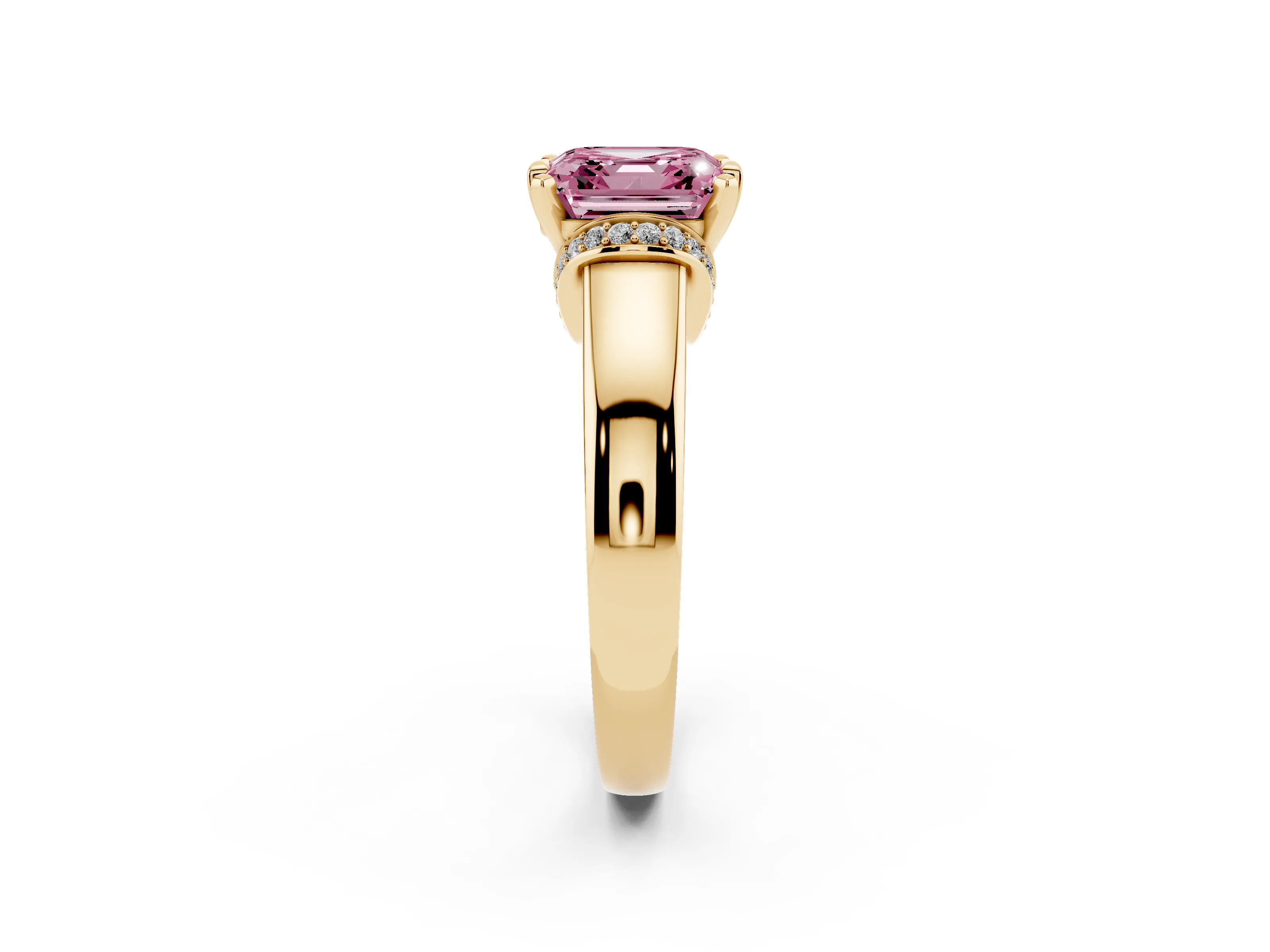 Fancy Pink Asscher Cut Diamond Pavé Band Solitaire Ring Set in Yellow gold with Prong Setting