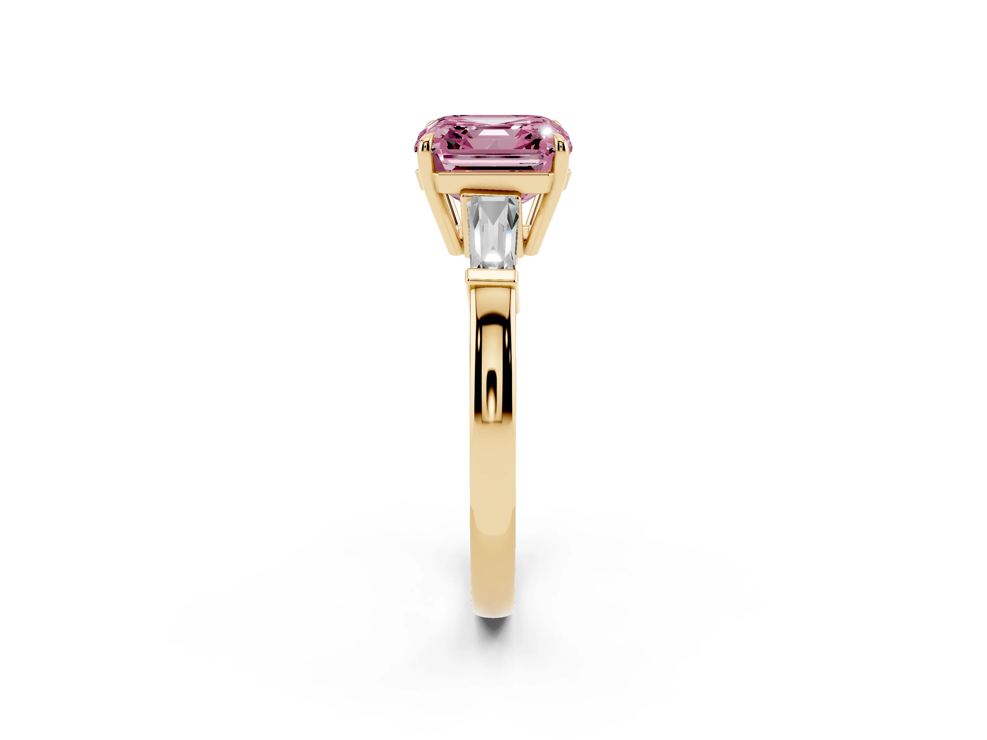 Fancy Pink Asscher Cut Diamond Three-Stone Ring Set in Yellow gold with Tapered Baguette Side Stones and Prong Setting