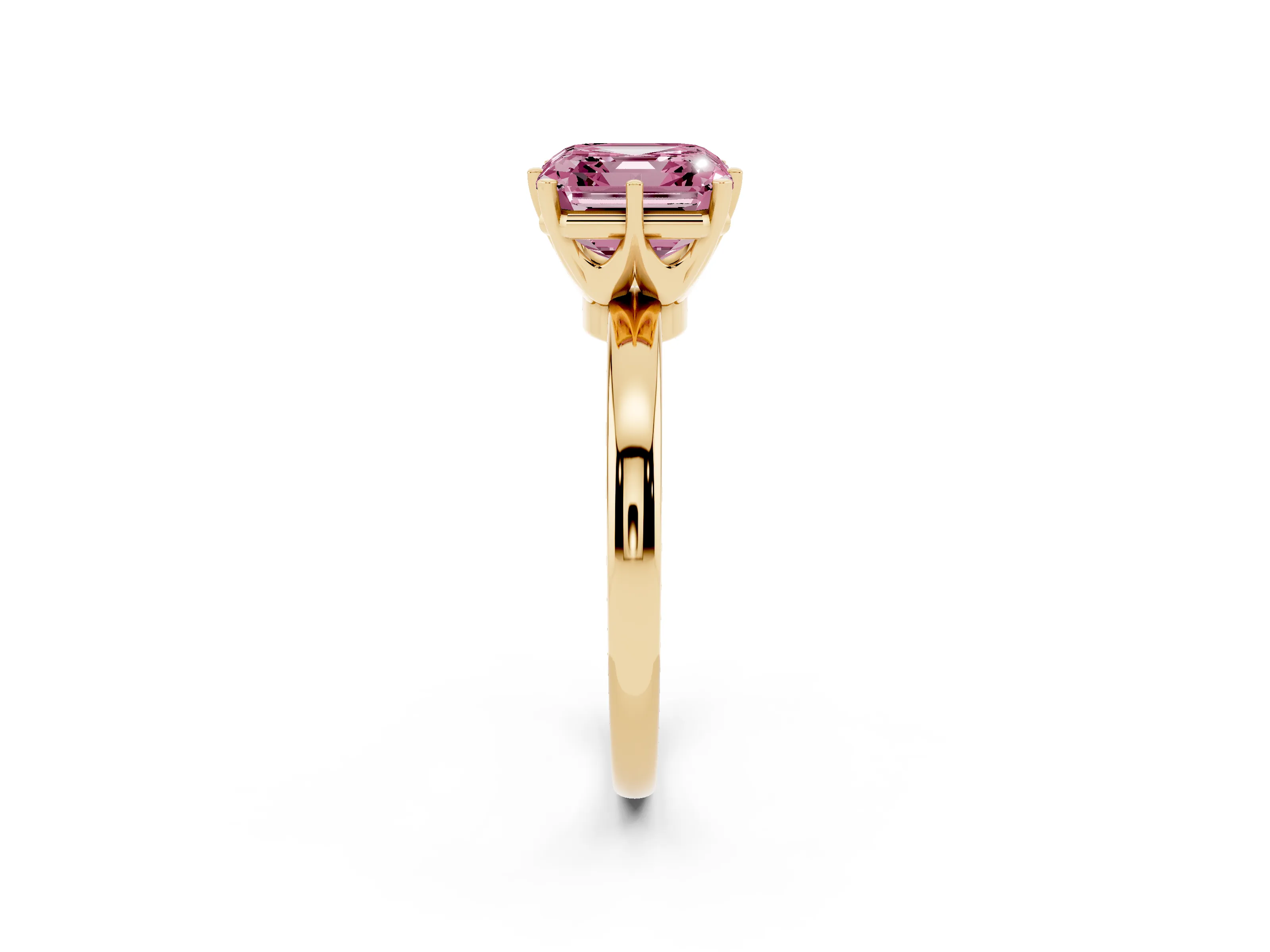 Fancy Pink Asscher Cut Diamond Solitaire Ring Set in Yellow gold with Raised Prong Setting on a Classic Band