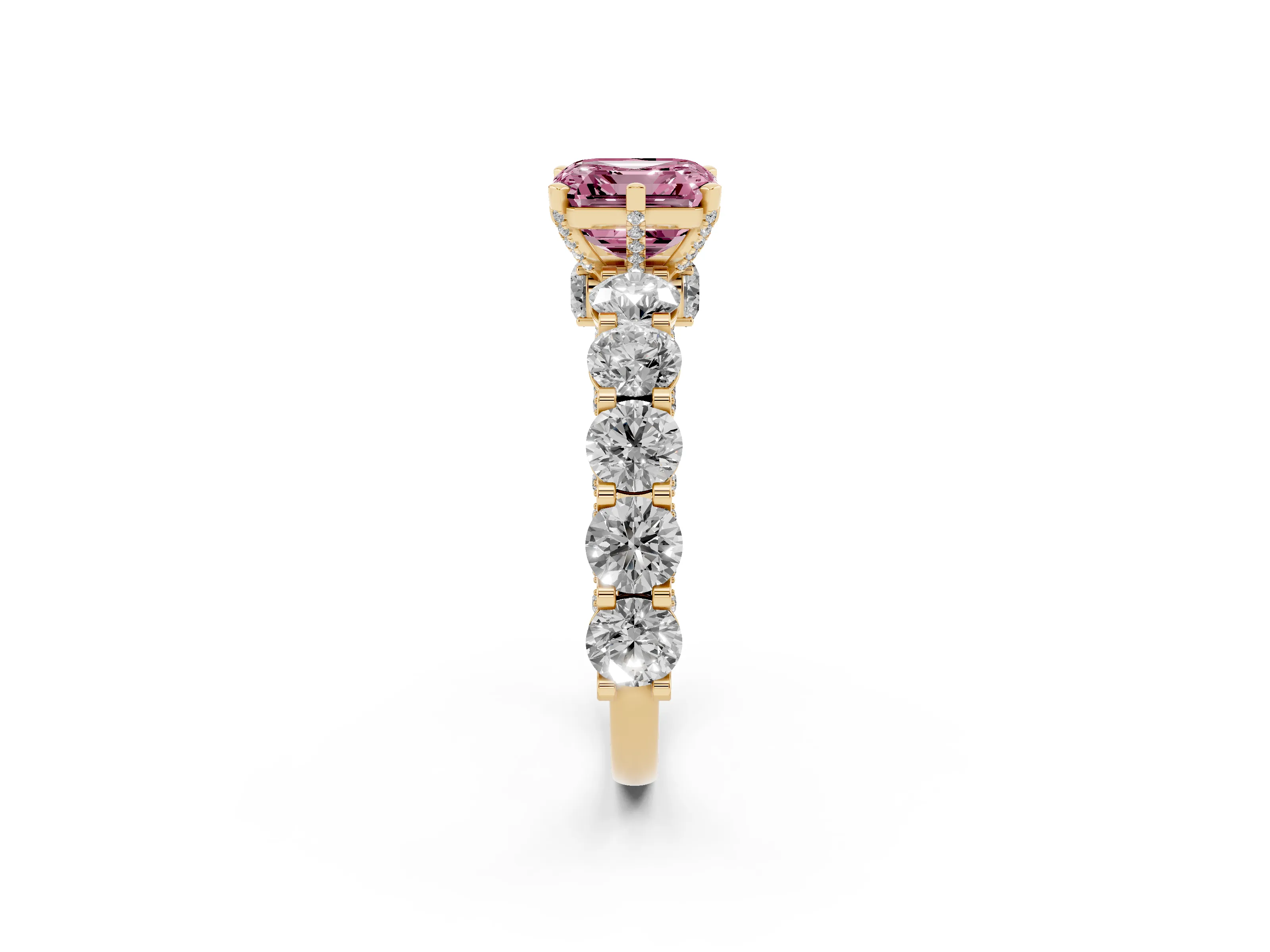 Fancy Pink Asscher Cut Diamond Side Stone Ring Set in Yellow gold with Alternating Round and Oval Side Stones