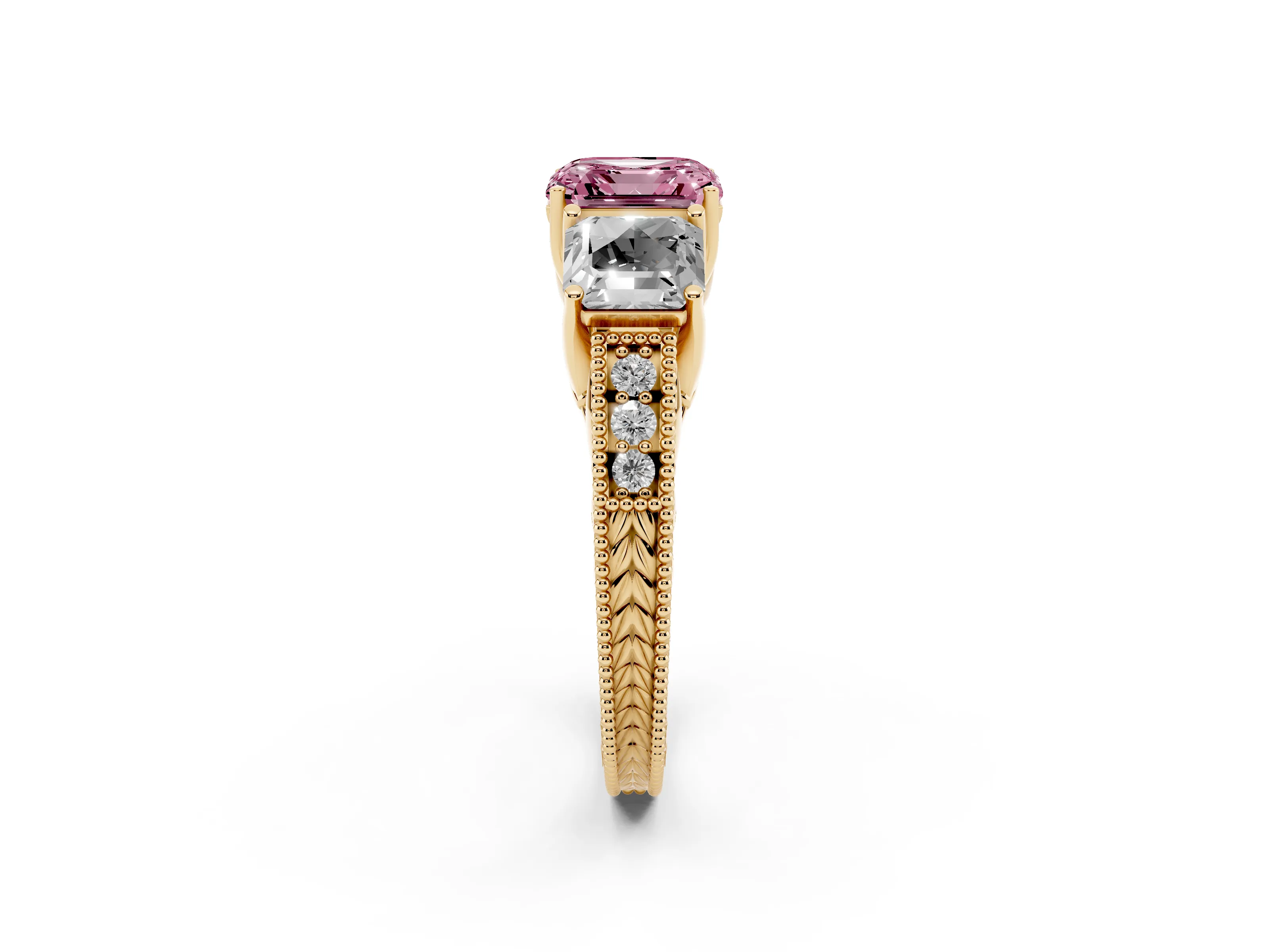 Fancy Pink Asscher Cut Diamond Three-Stone Engagement Ring Set in Yellow gold with Milgrain Pavé Band
