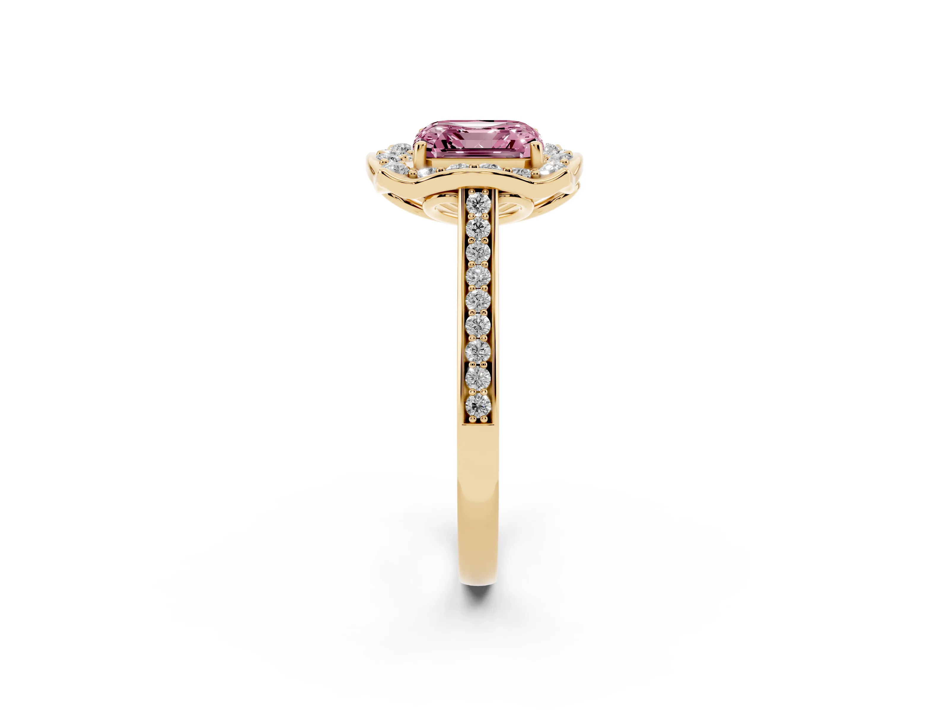Fancy Pink Asscher Cut Diamond Halo Ring Set in Yellow gold with Pavé-Lined Shoulders and Prong Setting