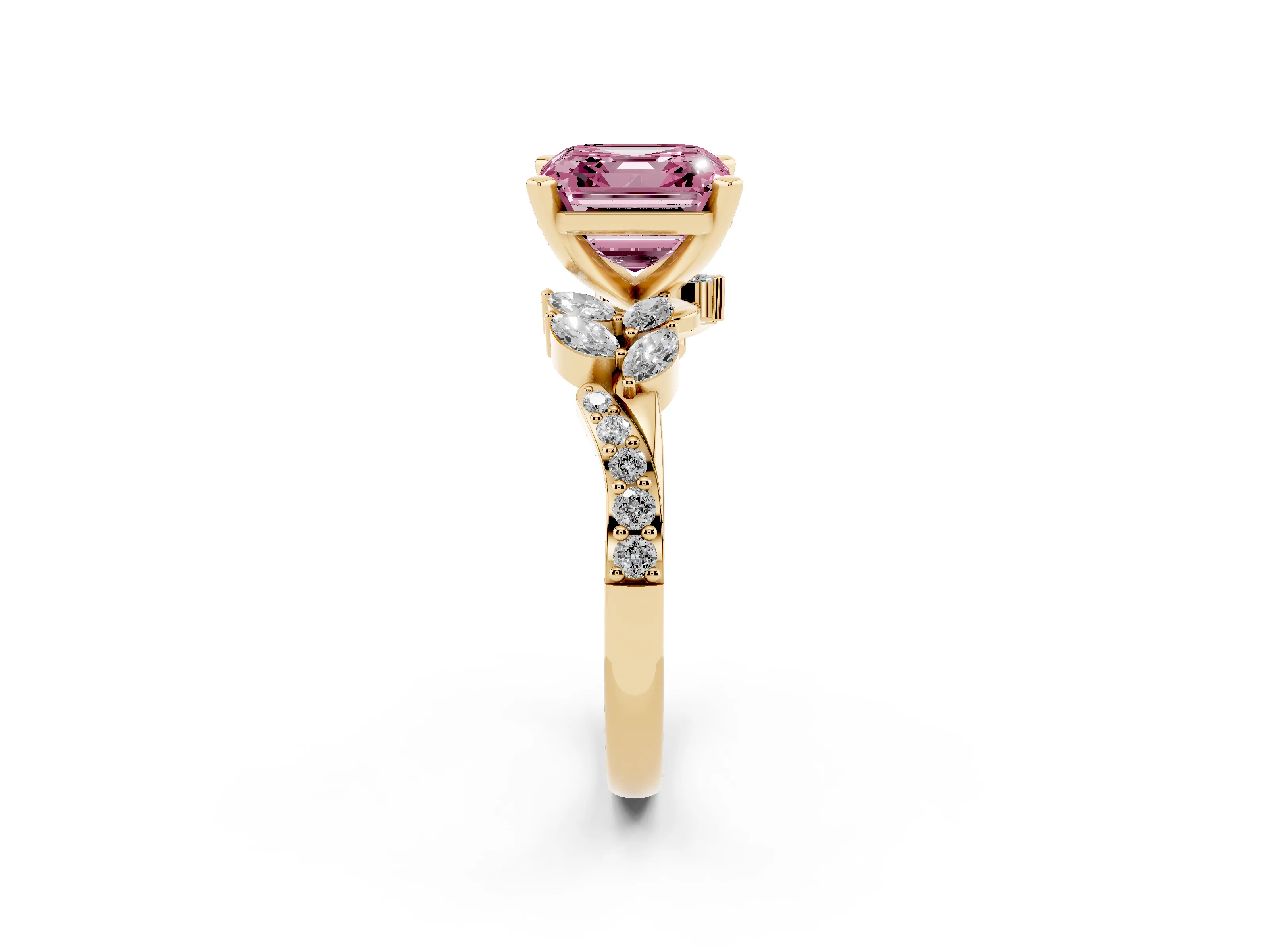 Fancy Pink Asscher Cut Diamond Solitaire Ring Set in Yellow gold with Marquise Twist Band and Prong Setting