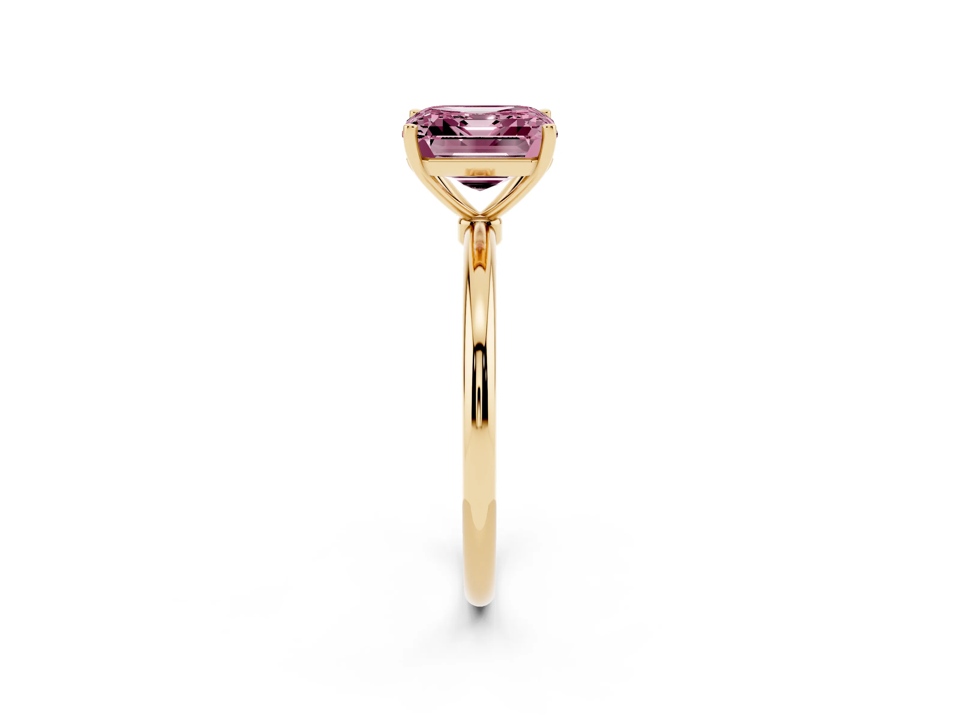 Fancy Pink Asscher Cut Diamond Solitaire Engagement Ring Set in Yellow gold with Thin Band and Prong Setting