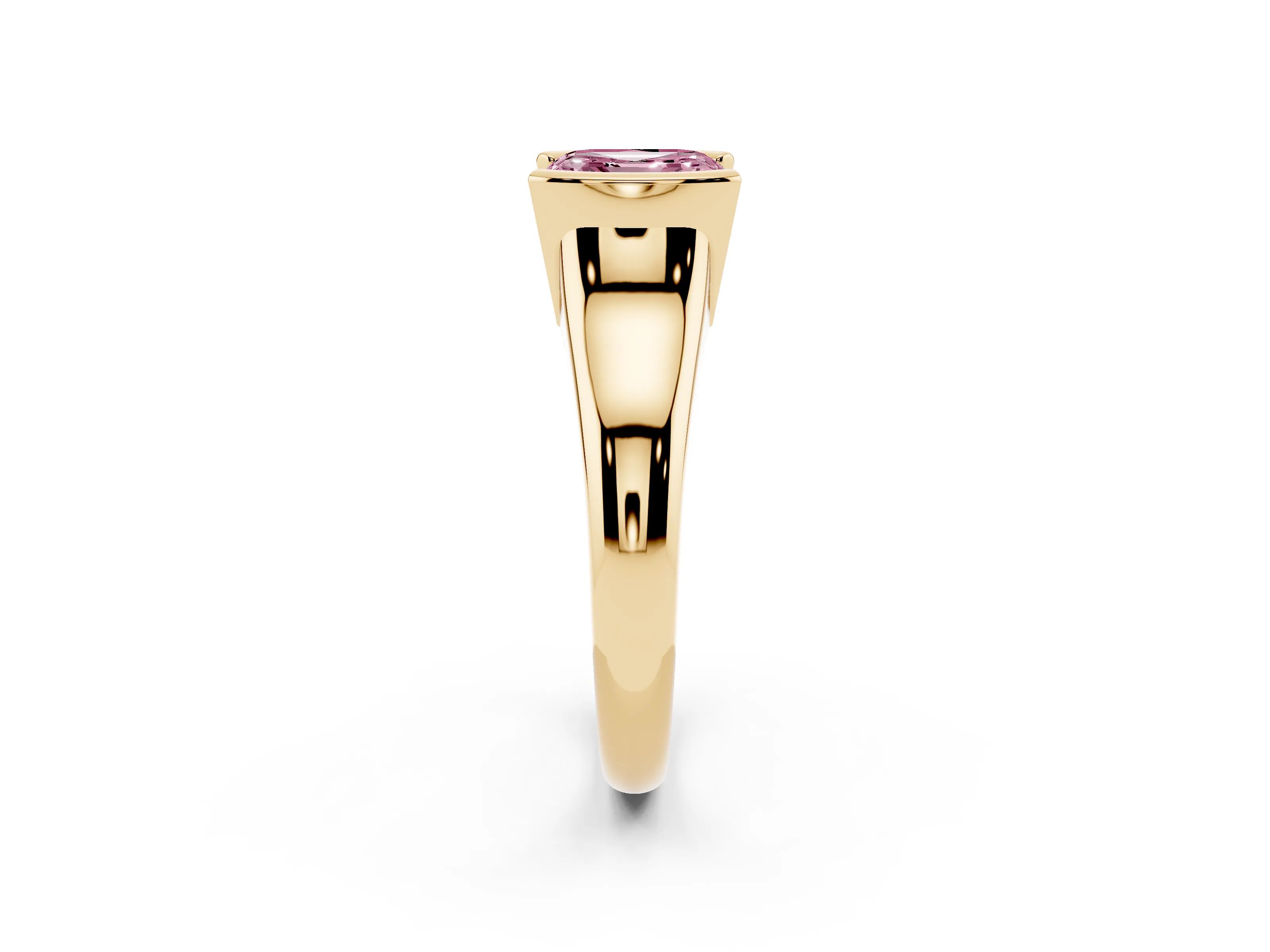 Fancy Pink Asscher Cut Diamond Solitaire Tension Set Ring Set in Yellow gold with Split Shank Band