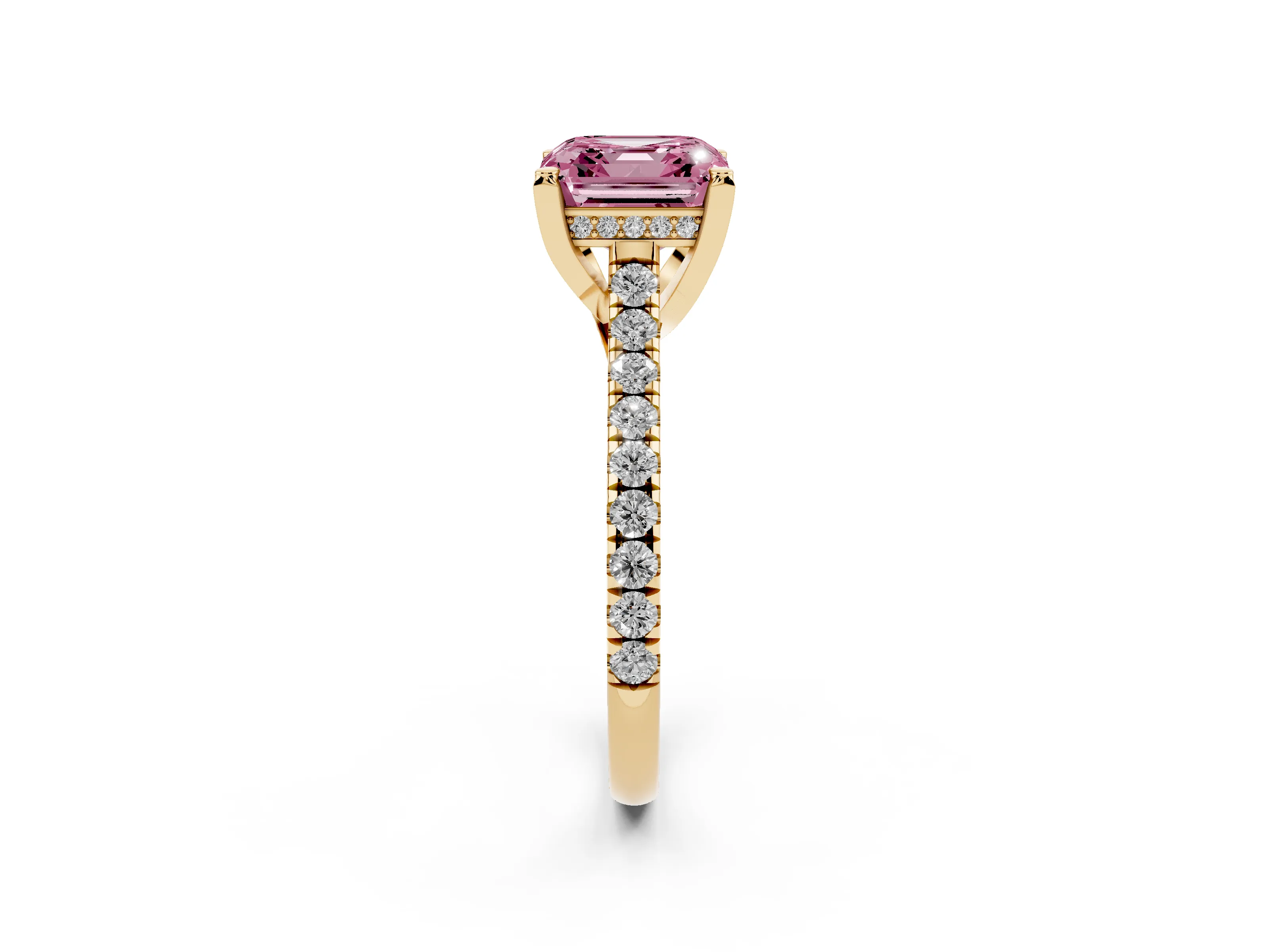 Fancy Pink Asscher Cut Diamond Solitaire Ring Set in Yellow gold with Brilliant Pavé Band and Prong Setting