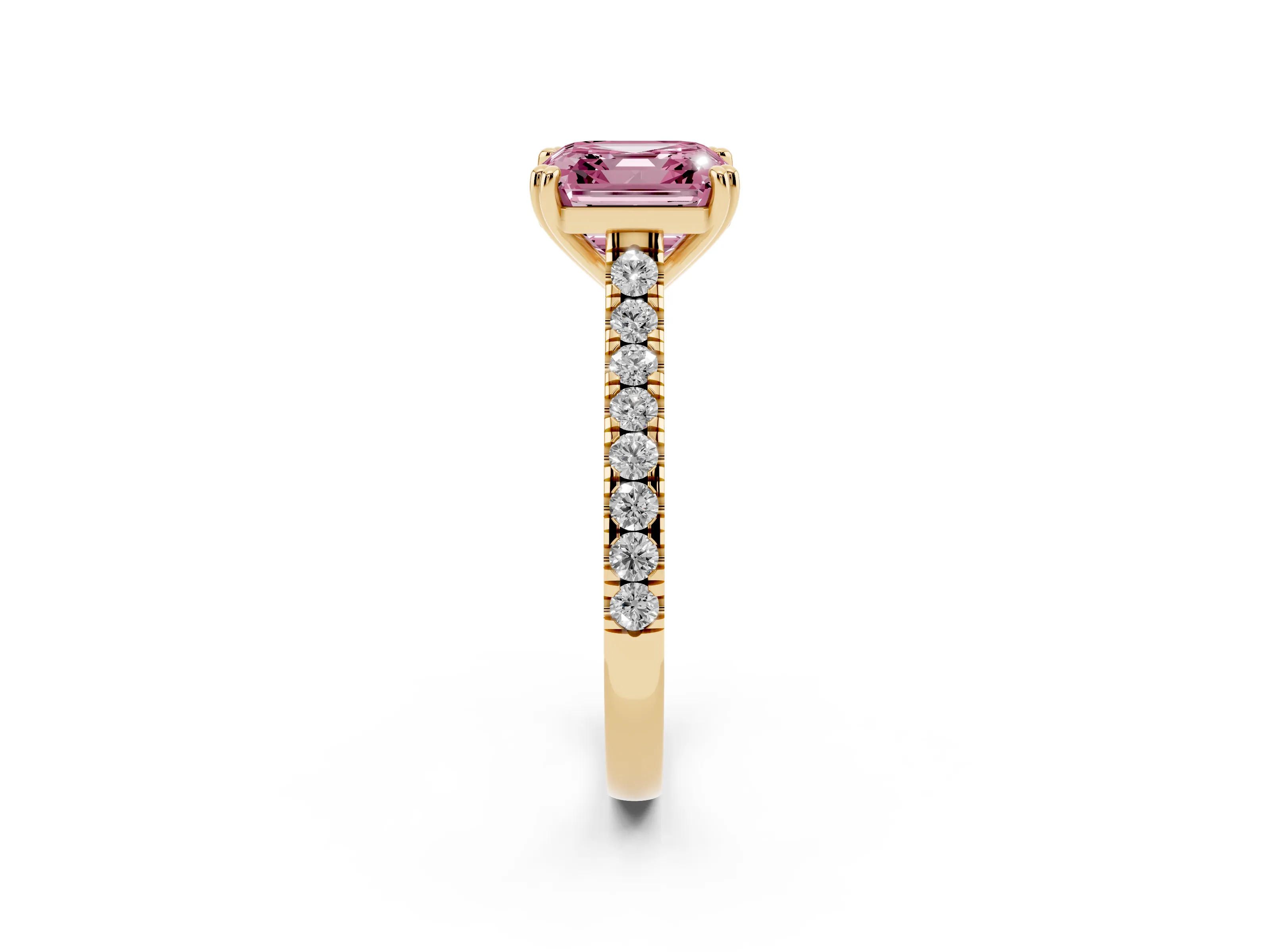 Fancy Pink Asscher Cut Diamond Solitaire Engagement Ring Set in Yellow gold with Pavé Accents and Prong Setting