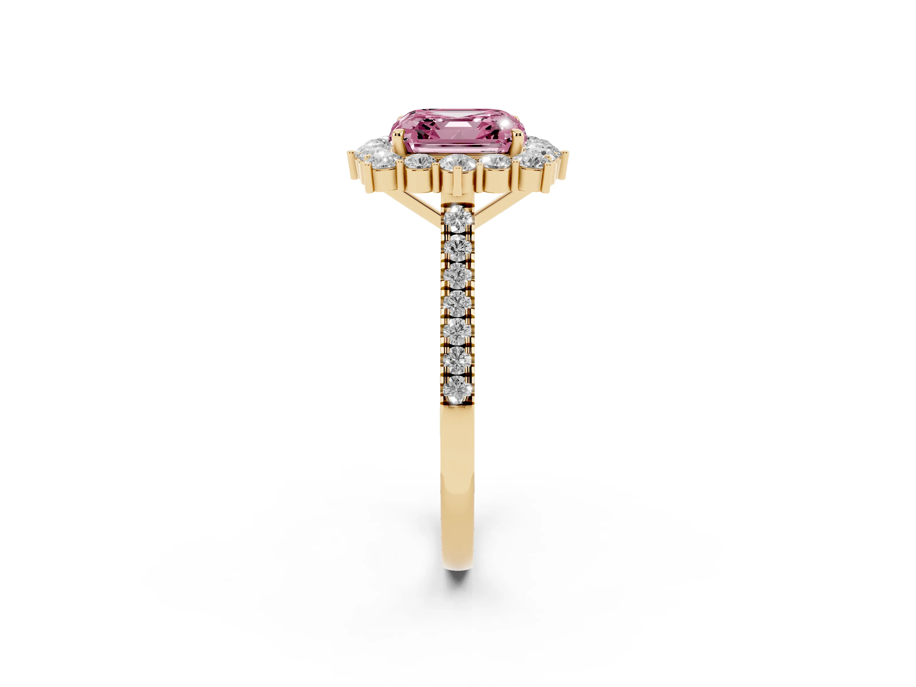 Fancy Pink Asscher Cut Diamond Halo Ring Set in Yellow gold with Pavé Band and Prong Setting