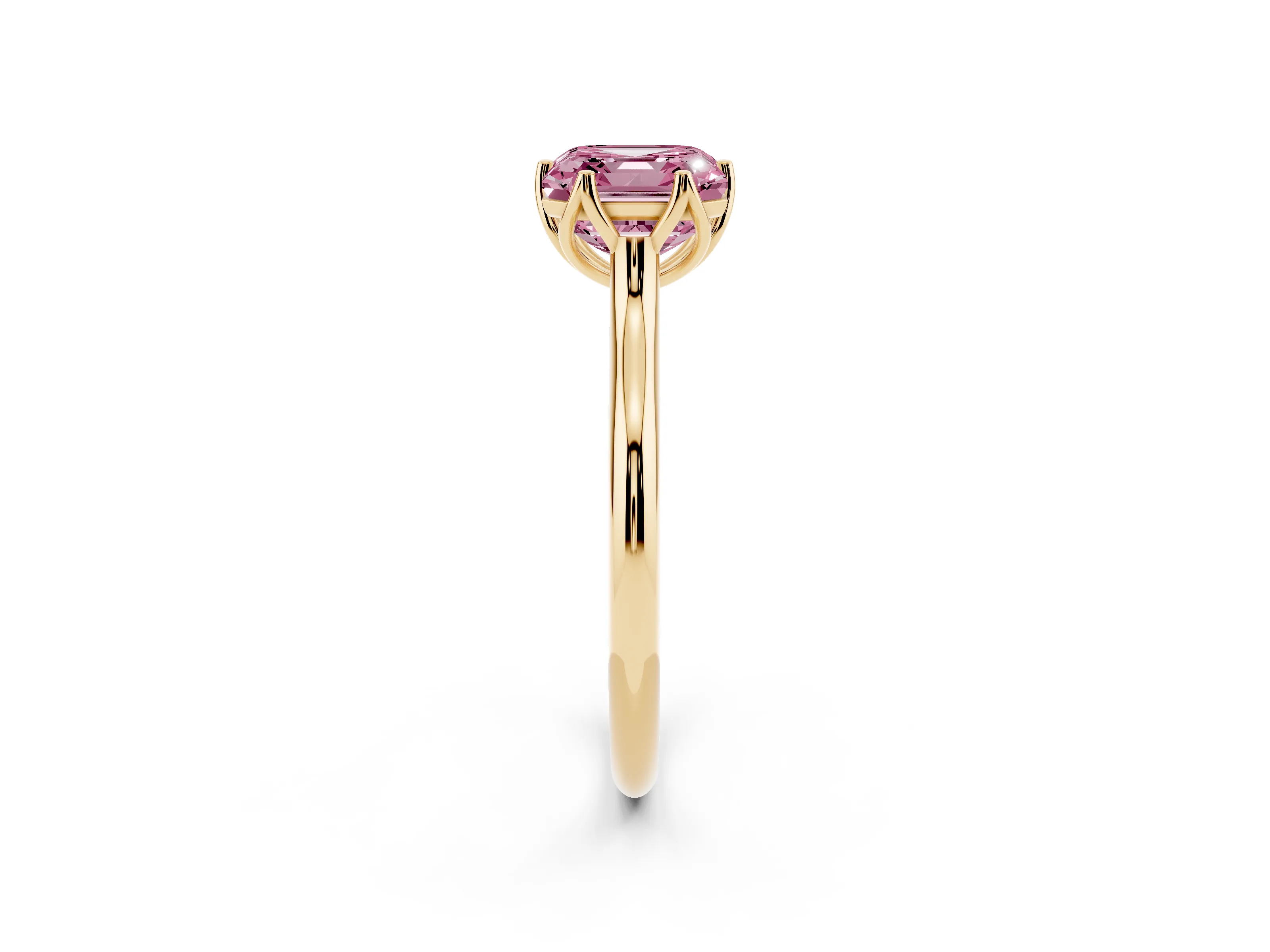 Fancy Pink Asscher Cut Diamond Solitaire Cathedral Ring Set in Yellow gold with Prong Setting