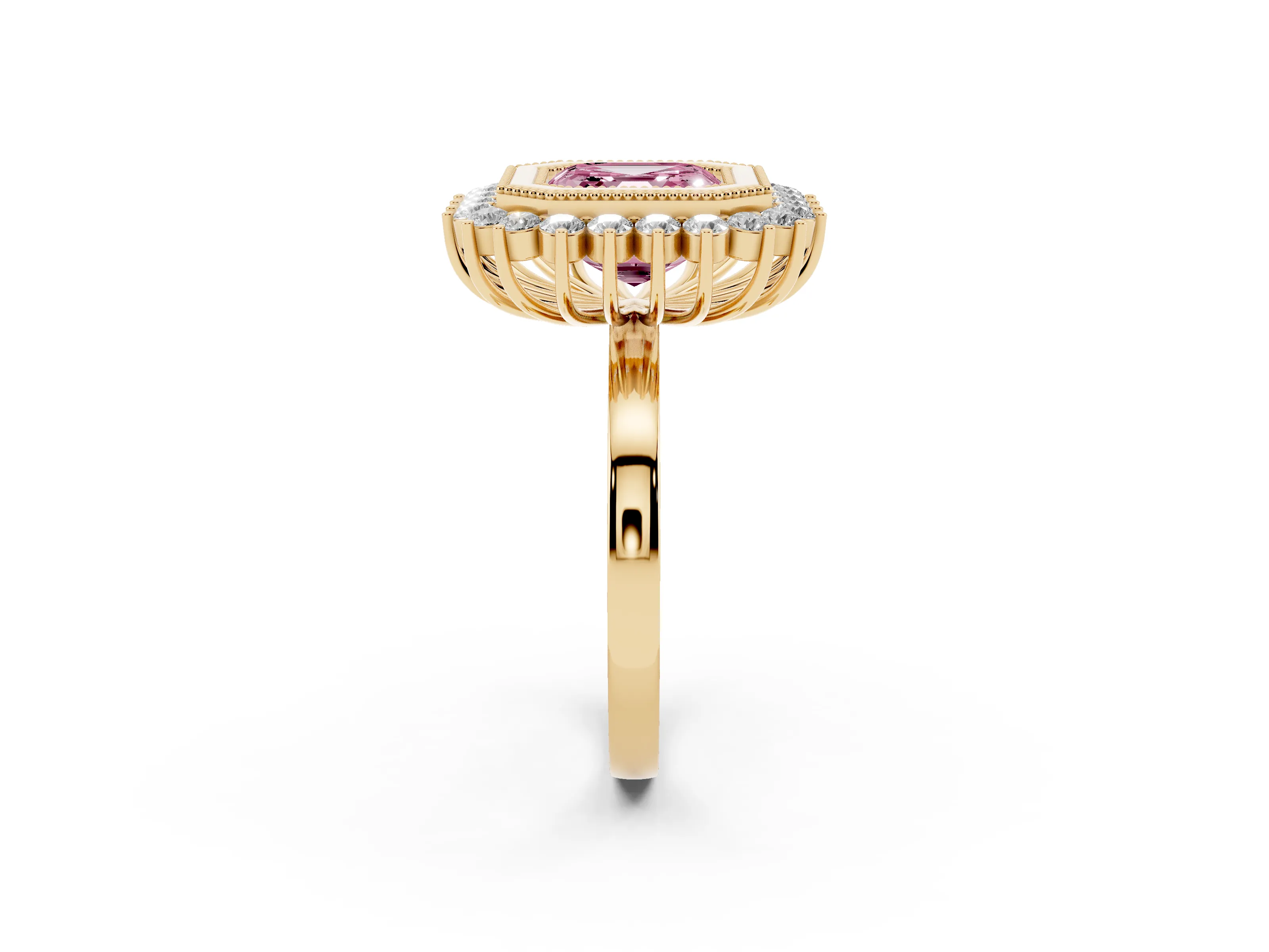Fancy Pink Asscher Cut Diamond Halo Ring Set in Yellow gold with Milgrain Edge and Round Prong Setting