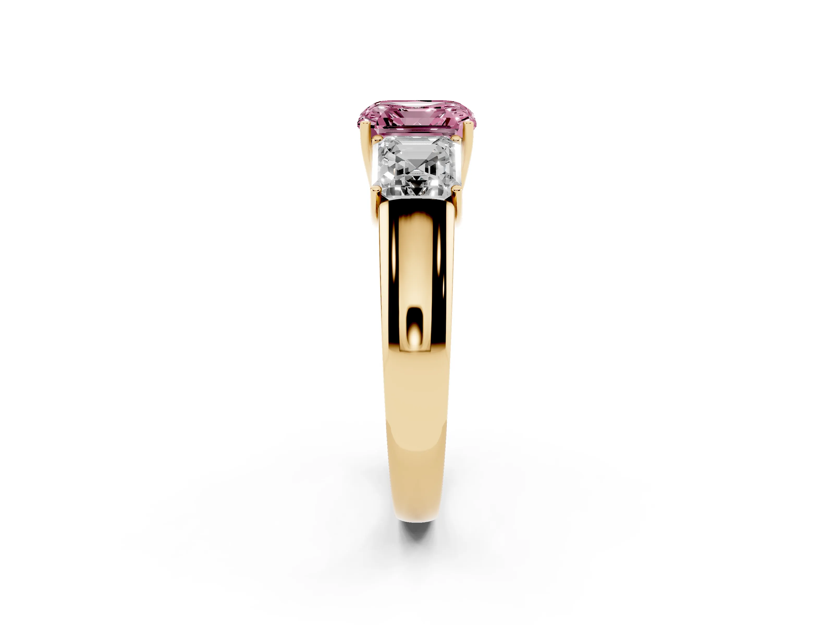Fancy Pink Three-Stone Asscher Cut Diamond Ring Set in Yellow gold with Matching Prong Settings and Plain Band
