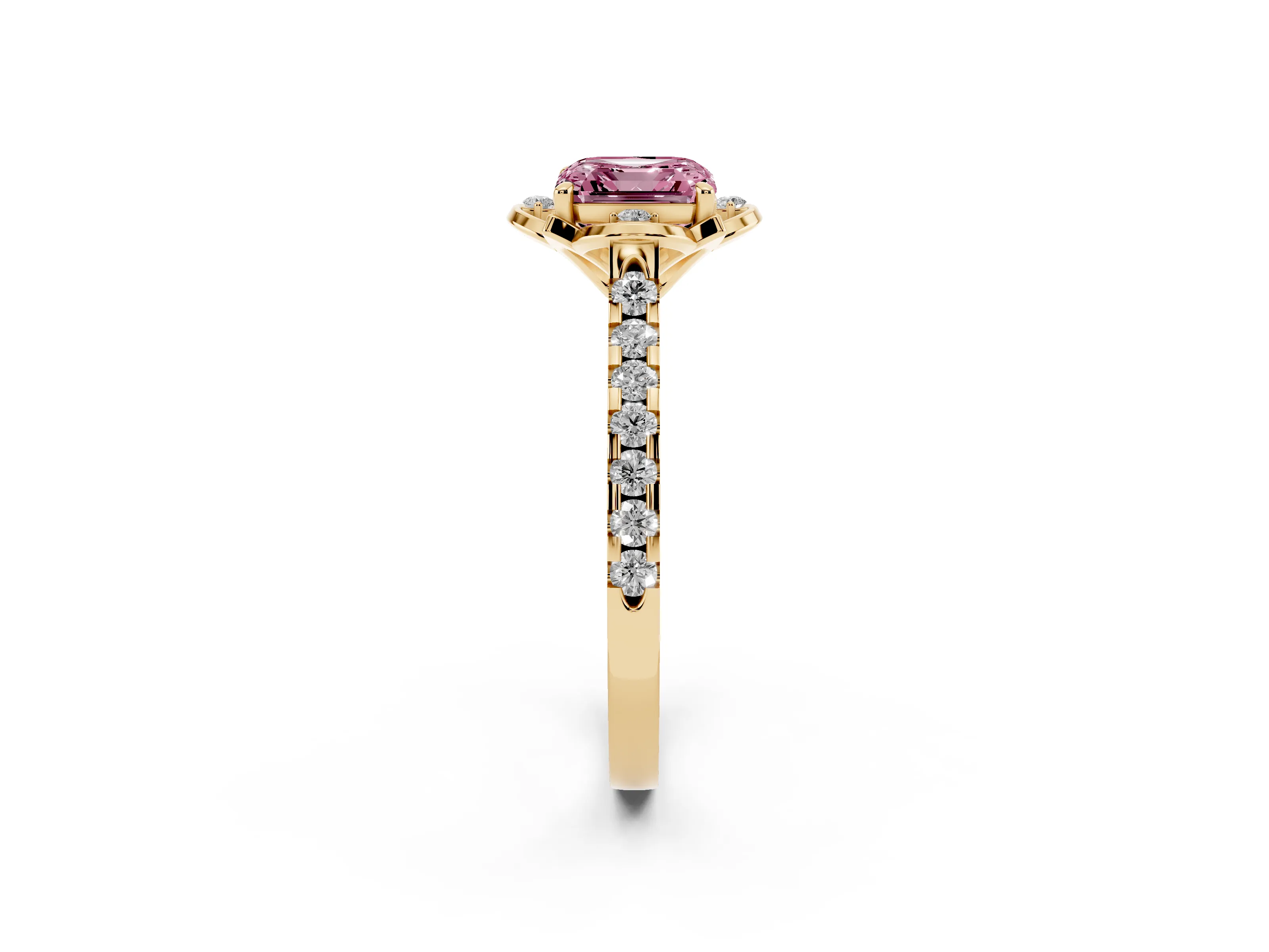 Fancy Pink Asscher Cut Diamond Solitaire Ring Set in Yellow gold with Pavé Band and Floral Prong Setting