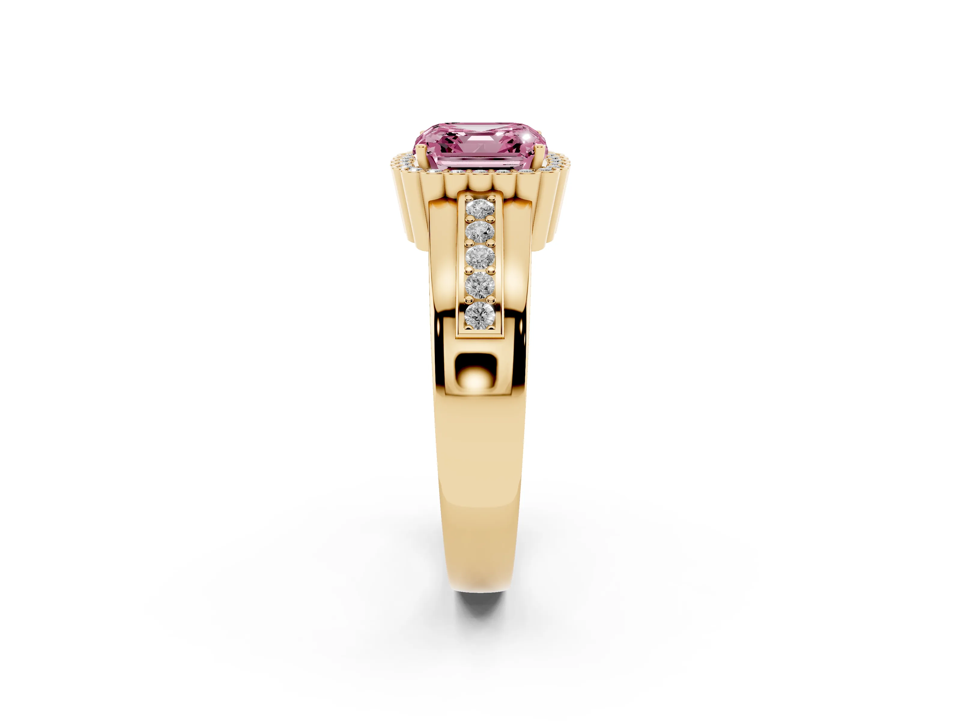 Fancy Pink Asscher Cut Diamond Halo Prong Ring Set in Yellow gold with Pavé Band