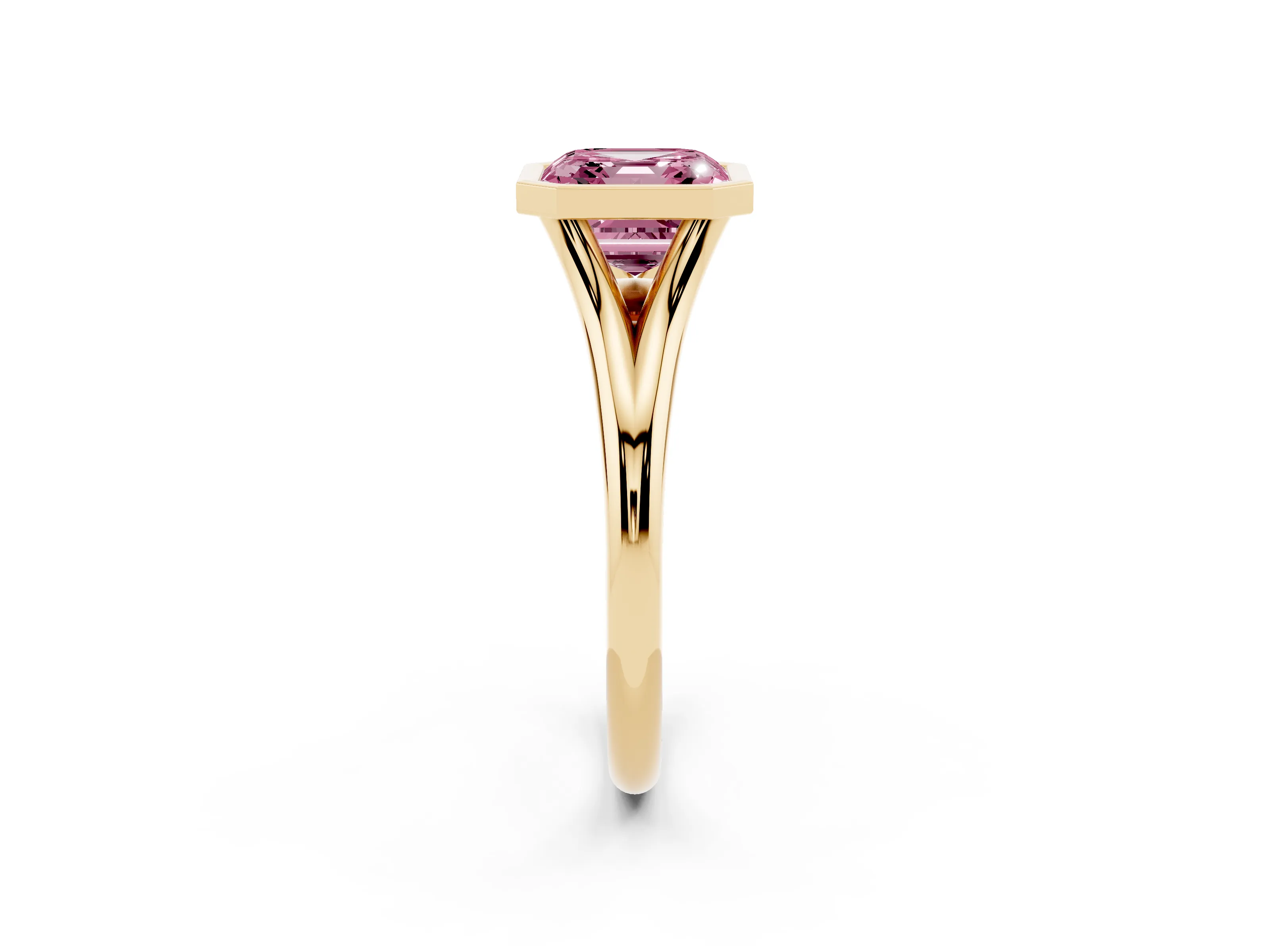 Fancy Pink Bezel Set Asscher Cut Diamond Solitaire Ring Set in Yellow gold with Tapered Band