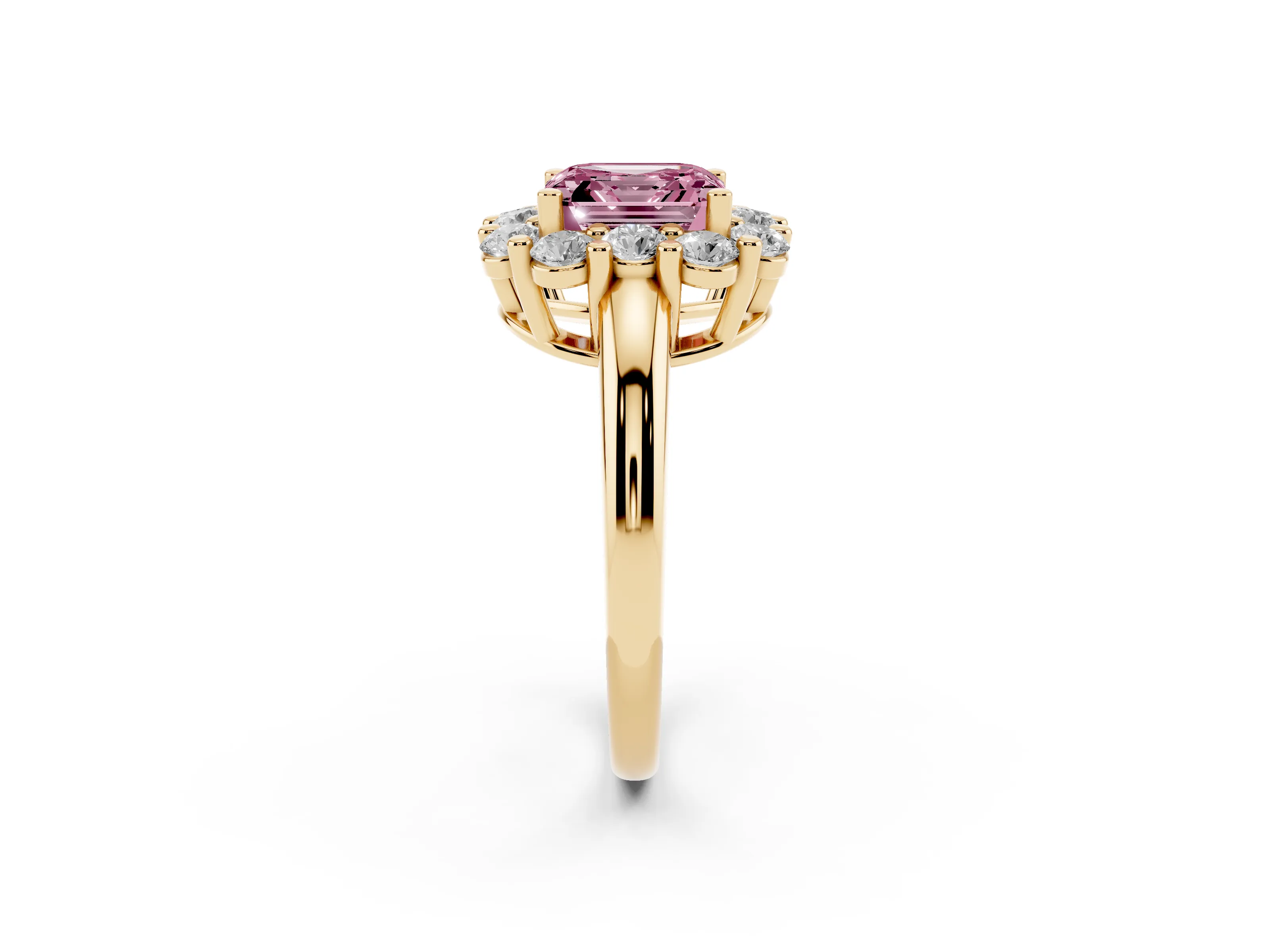 Fancy Pink Asscher Cut Diamond Halo Cluster Engagement Ring Set in Yellow gold with Polished Band and Prong Setting