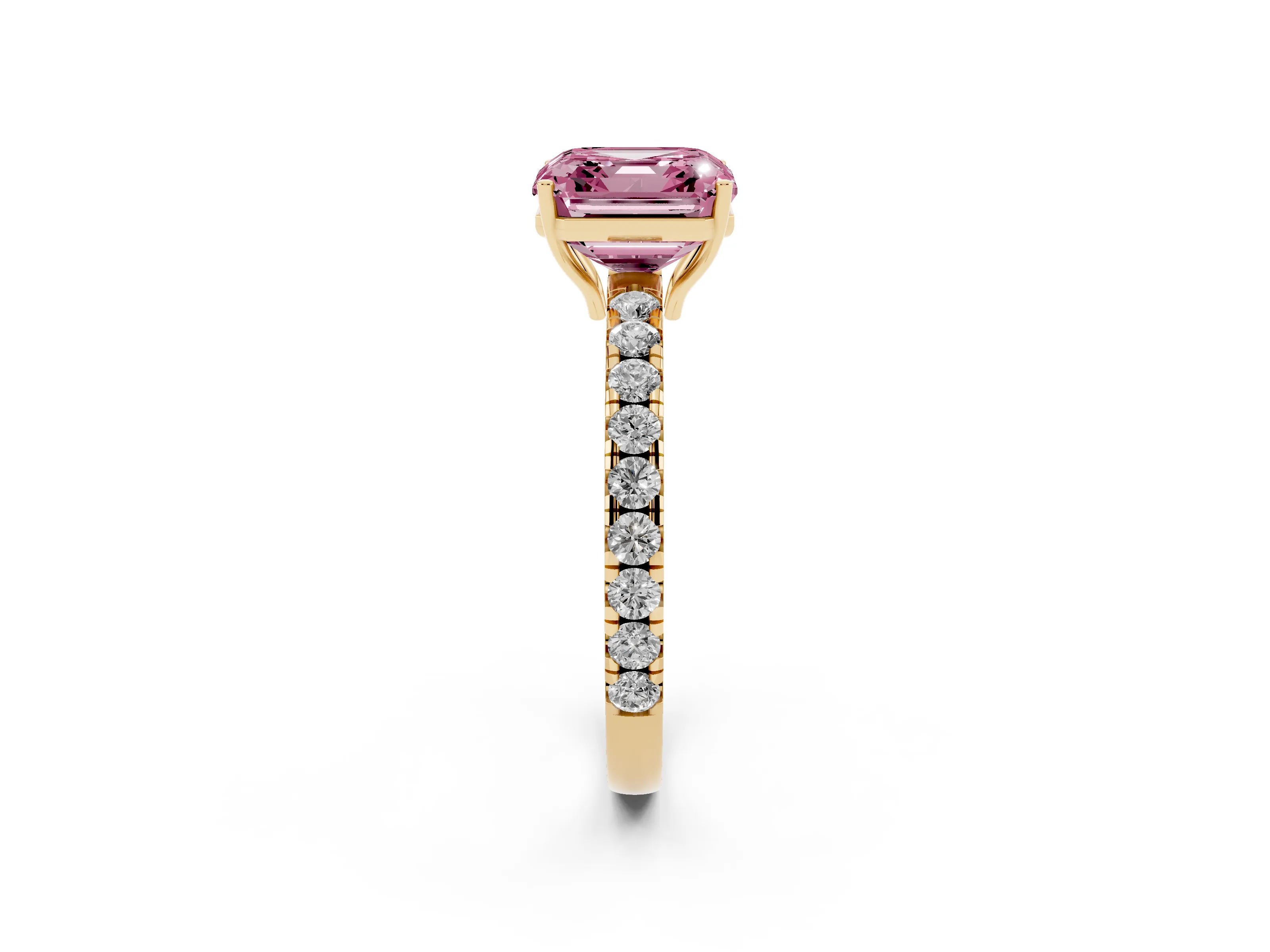 Fancy Pink Asscher Cut Diamond Pavé Solitaire Engagement Ring Set in Yellow gold with Prong Setting