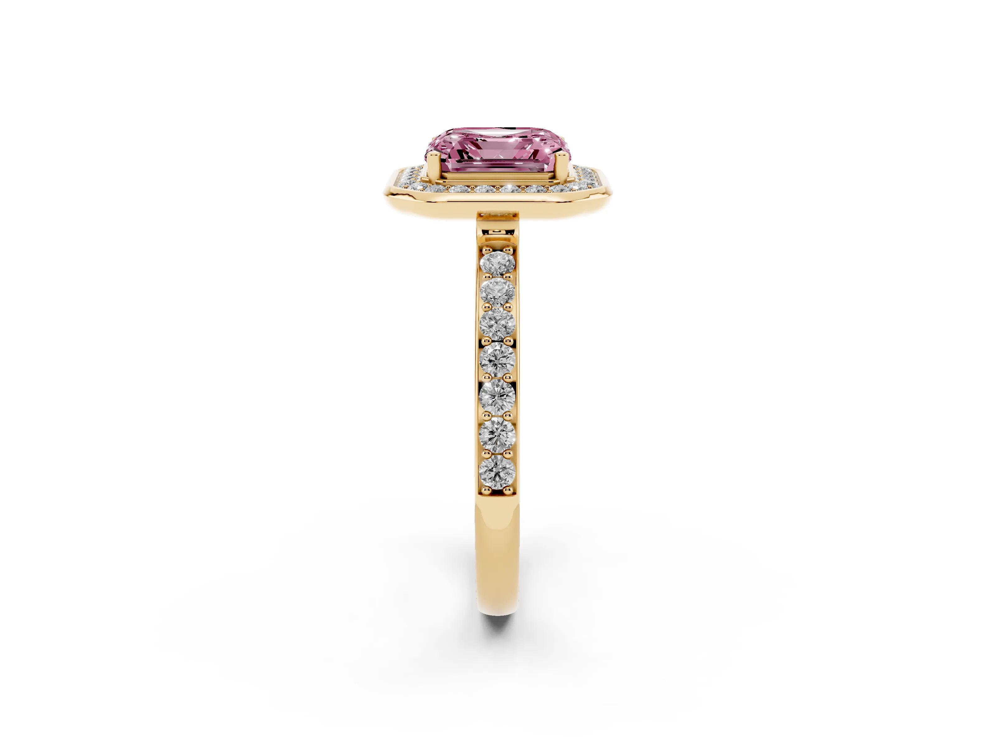 Fancy Pink Asscher Cut Diamond Halo Ring Set in Yellow gold with Bezel Frame and Pavé Band